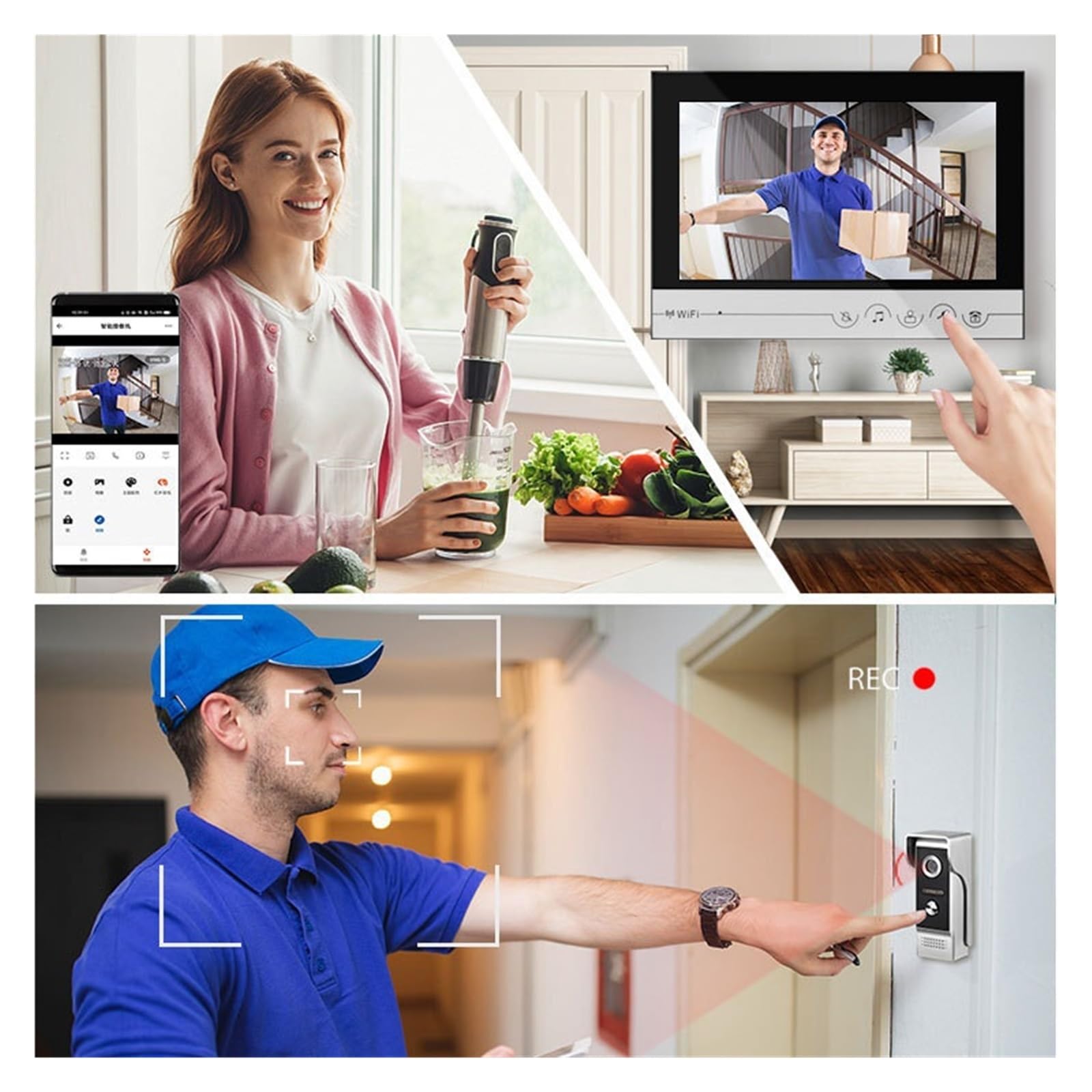 Timbre con Vídeo Inteligente Tuya, WiFi De 9 Pulgadas, Aplicación Móvil, Desbloqueo Remoto Pantalla Clara Protección Todo Tipo Clima