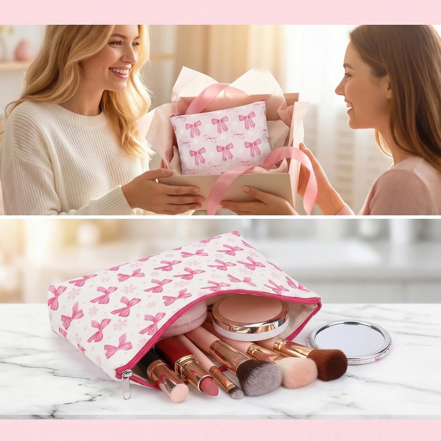 24 Pcs Pink Bow Party Favors, Canvas Bow Makeup Bag Round Compact Mirror, Zipper Pouch Pocket Mirrors Favor for Women, Bulk Cosmetic Bags Bow Themed Party Favors for Guests