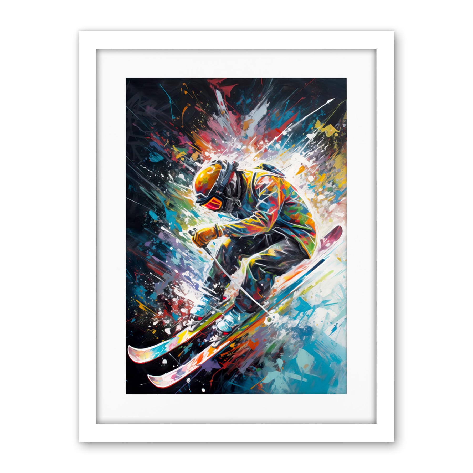 Artery8 Skier Skiing Vibrant Splatter Art Motion Painting Artwork Framed Wall Art Print 18X24 Inch