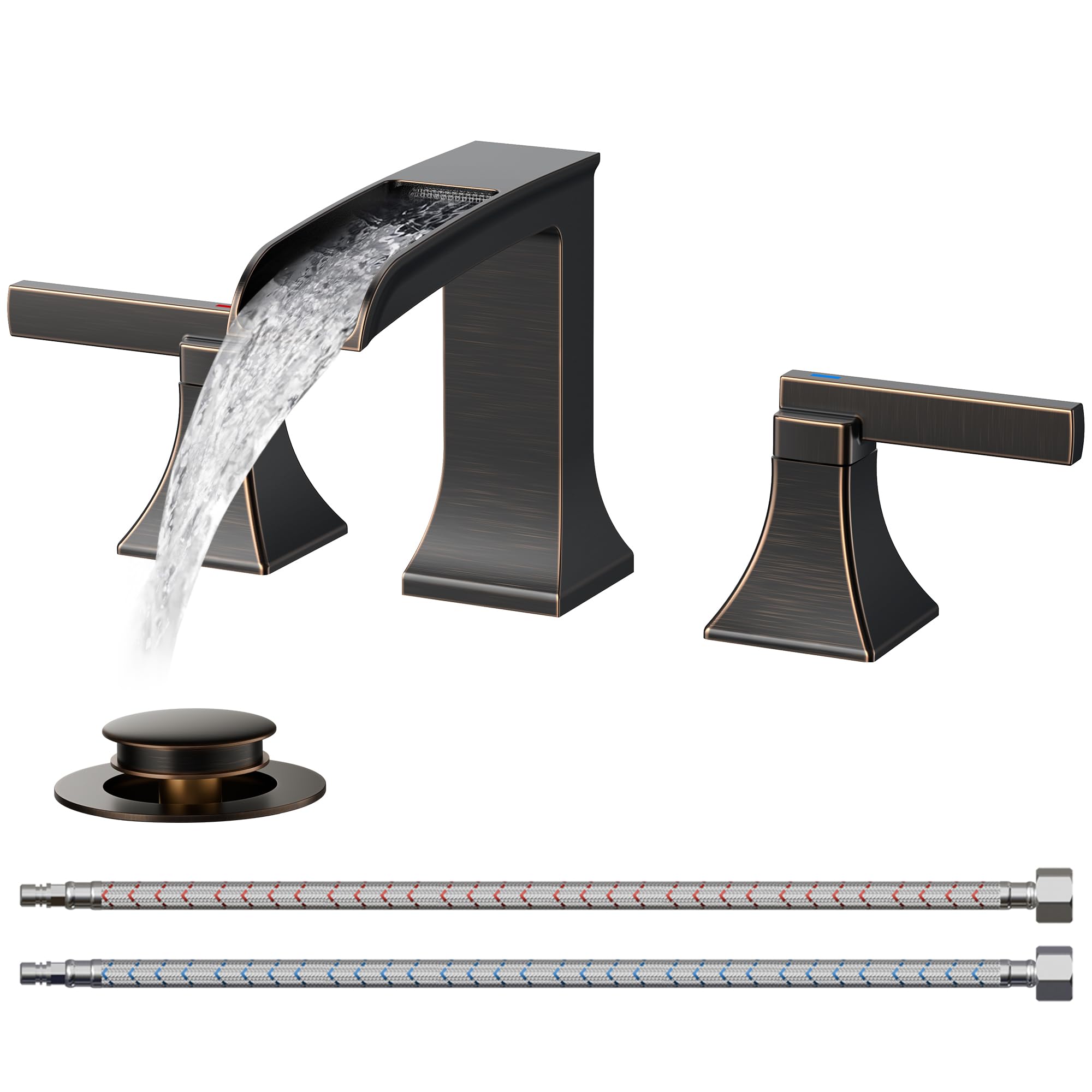 FORIOUS Antique Brass Waterfall Bathroom Faucets 3 Hole 2 Handle Oil Rubbed Bronze Bathroom Sink Faucet Widespread with