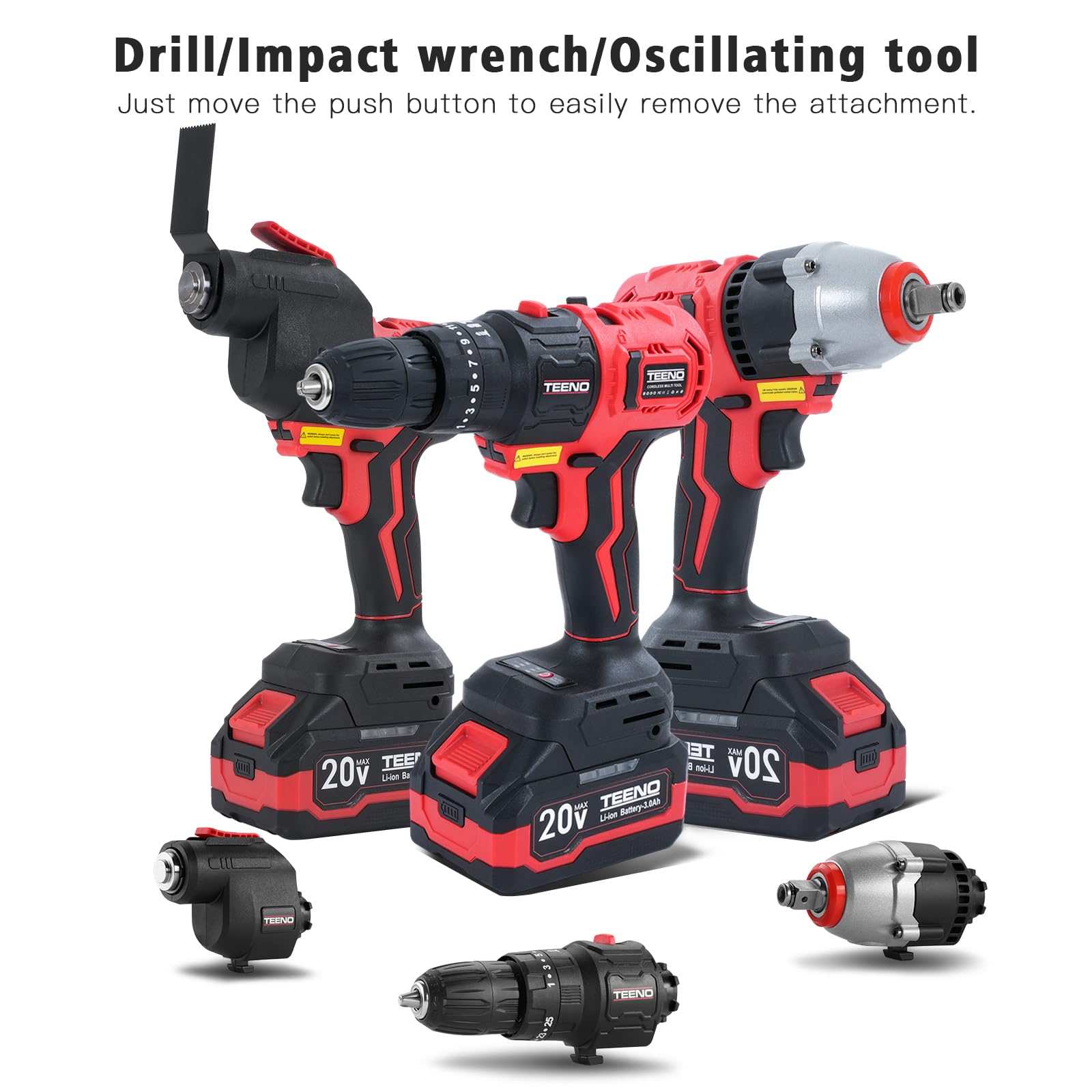 Kit Combiné Sans Fil 20V TEENO, Ensemble d'outils Multifonctions 3en1 Pour le Travail du Bois Avec Boîte à outils, Perceuse, clé à chocs, Outil Oscillant, 1 Batterie 3,0 Ah et Chargeur.