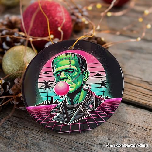 Miniatura 6 de Decoraciones colgantes espeluznantes para árbol de Halloween y decoración del hogar (Vaperwave Frankenstein - Adorno retro de terror de neón, estilo