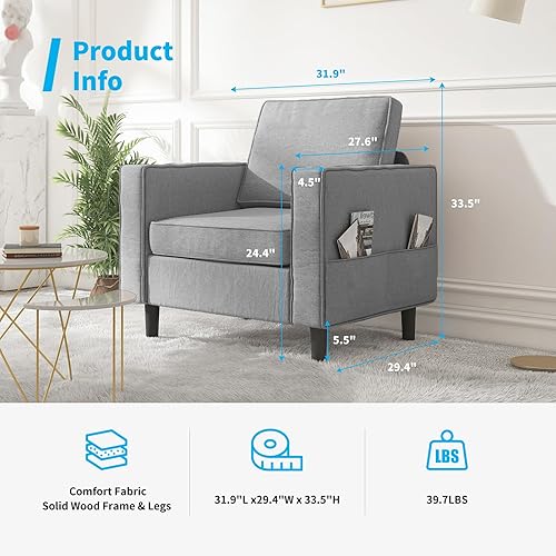 Miniatura 8 de Mjkone Sillón, silla decorativa con bolsillos de almacenamiento, moderna silla individual para sala de estar, apartamento, espacios pequeños,