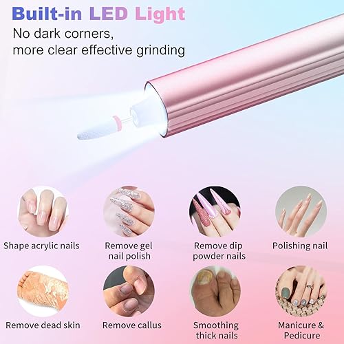 Miniatura 6 de Taladro de uñas eléctrico inalámbrico con lámpara de luz UV, lima de uñas eléctrica 14 en 1, pantalla LCD de 5 velocidades, kit de manicura y