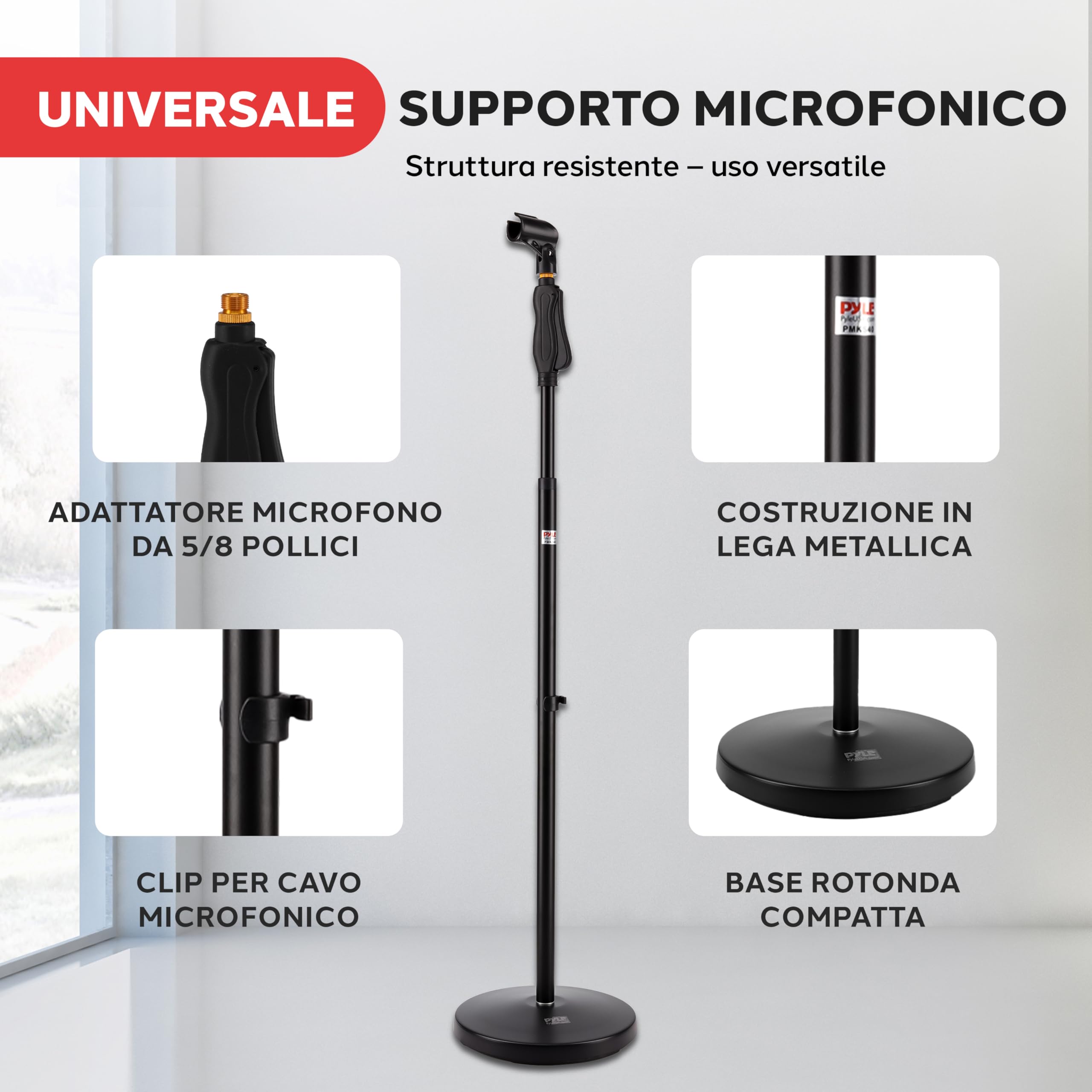 Pyle Asta Microfono, Supporto Microfono Universale M-6, Altezza Regolabile 70-146 cm, Base Rotonda Compatta, Pomello di Serraggio Rapido, Leggero e Resistente