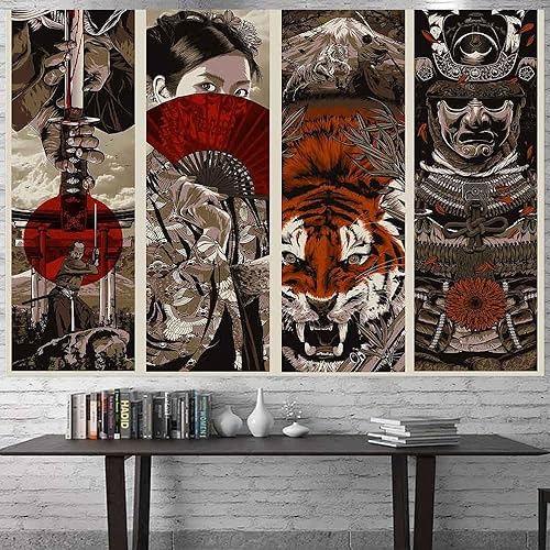 Miniatura 10 de Aidatain Tapiz de pared de estilo japonés, manta de playa estética Samurai Maiko Tiger Mount Fuji para dormitorio, sala de estar y comedor,
