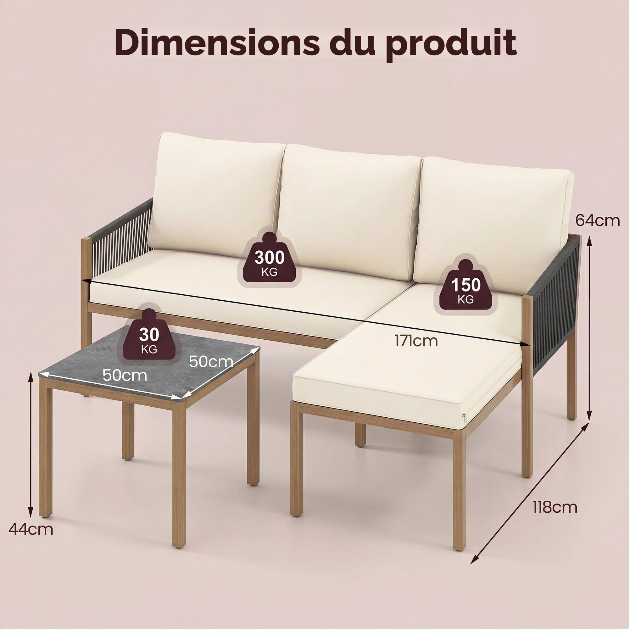 LIFEZEAL Salon de Jardin 3 Pièces Extérieur, Canapé d’Angle en L avec Table Basse Effet Marbre, Coussins et Structure en Métal, Canapé 2 Places et Méridienne pour Terrasse, Jardin, Patio (Beige)