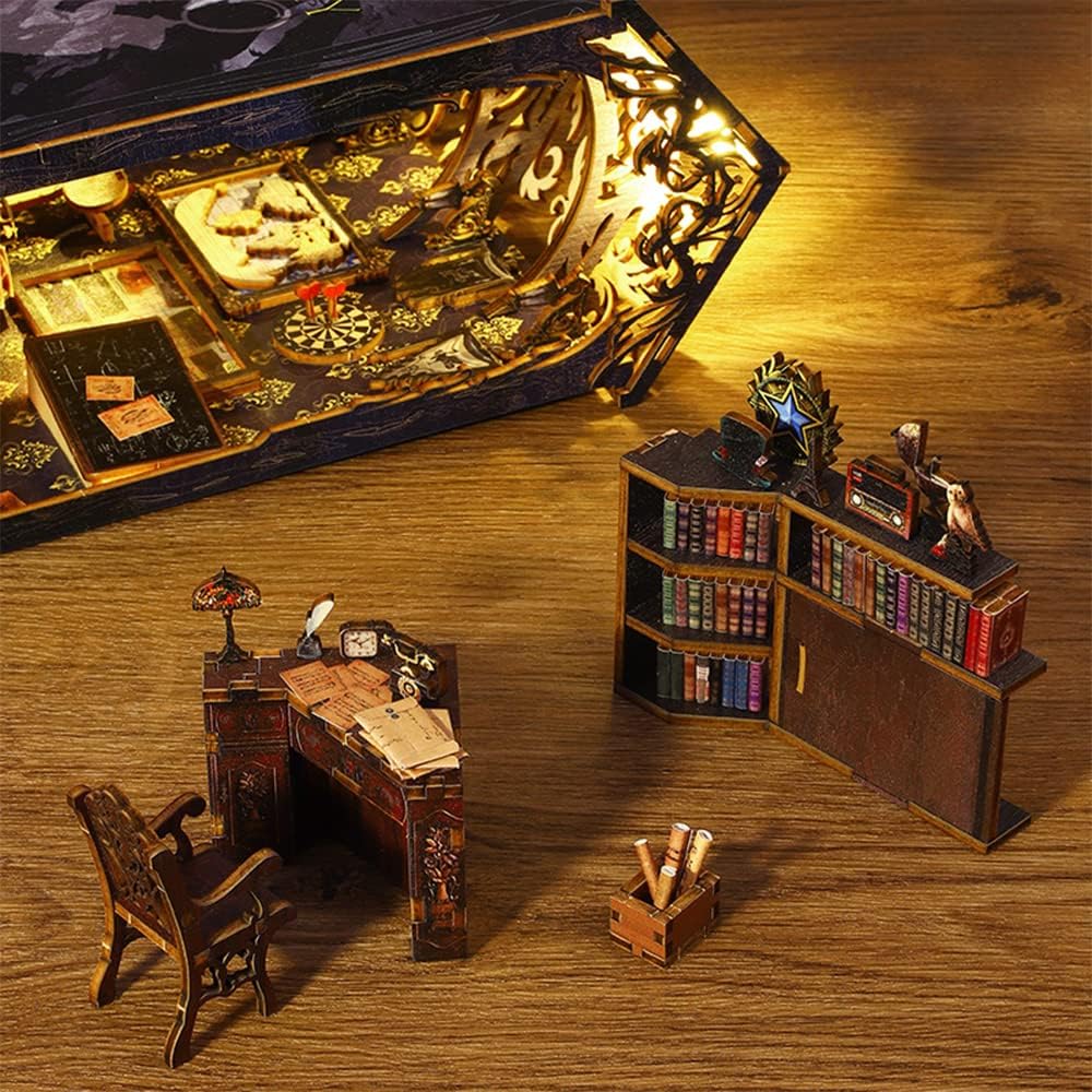 Book Nook Miniature House Kit DIY Wooden Dollhouse Bookends for Bookshelf Decor/Crafts for Adults 3D Puzzle Building Model Kit with Sensor Light(Detective)