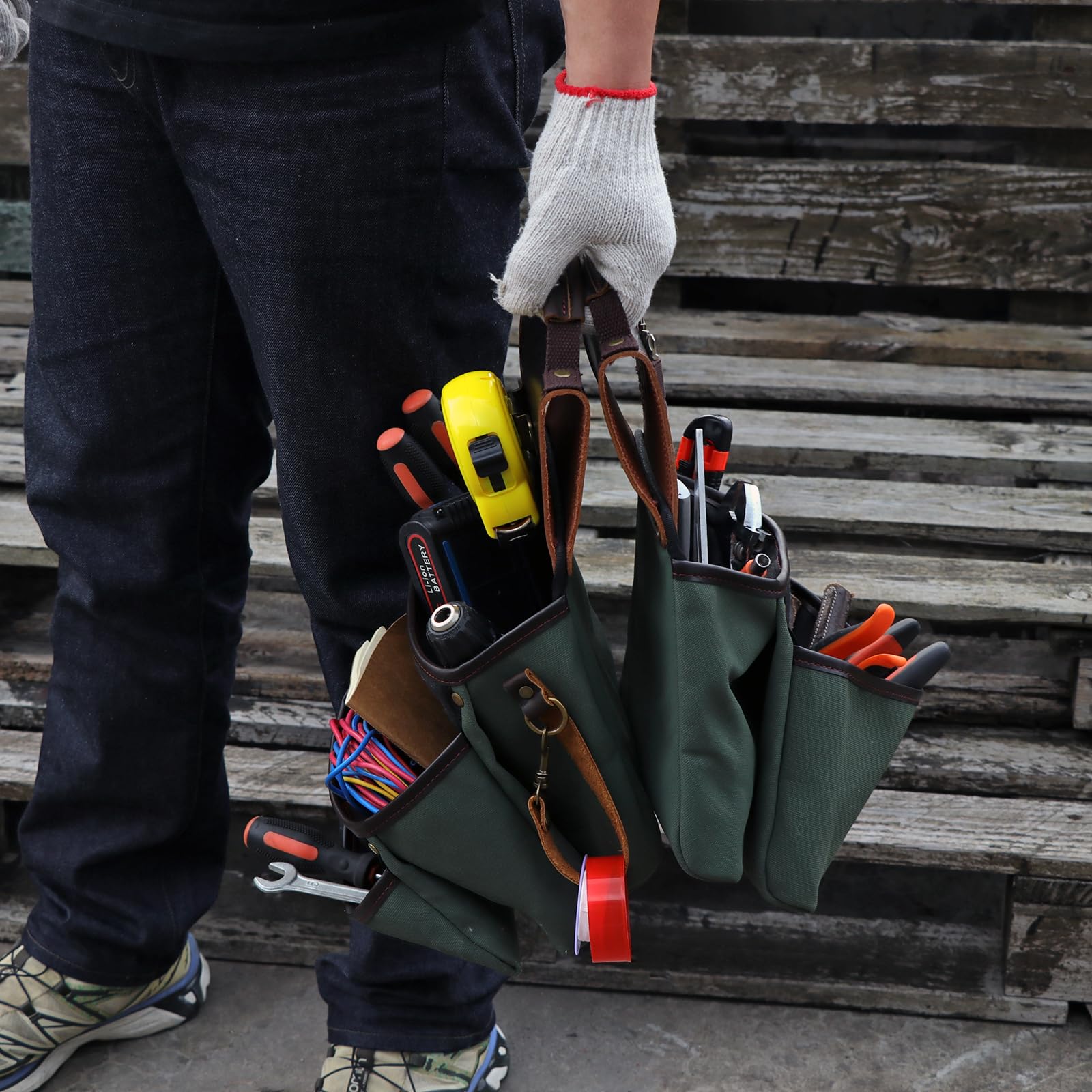 TOURBON Delantal de Lona y Cuero con Cinturón Portaherramientas Bolsa Organizadora de Almacenamiento de Herramientas Resistente Múltiples Bolsillos para Electricistas Carpinteros