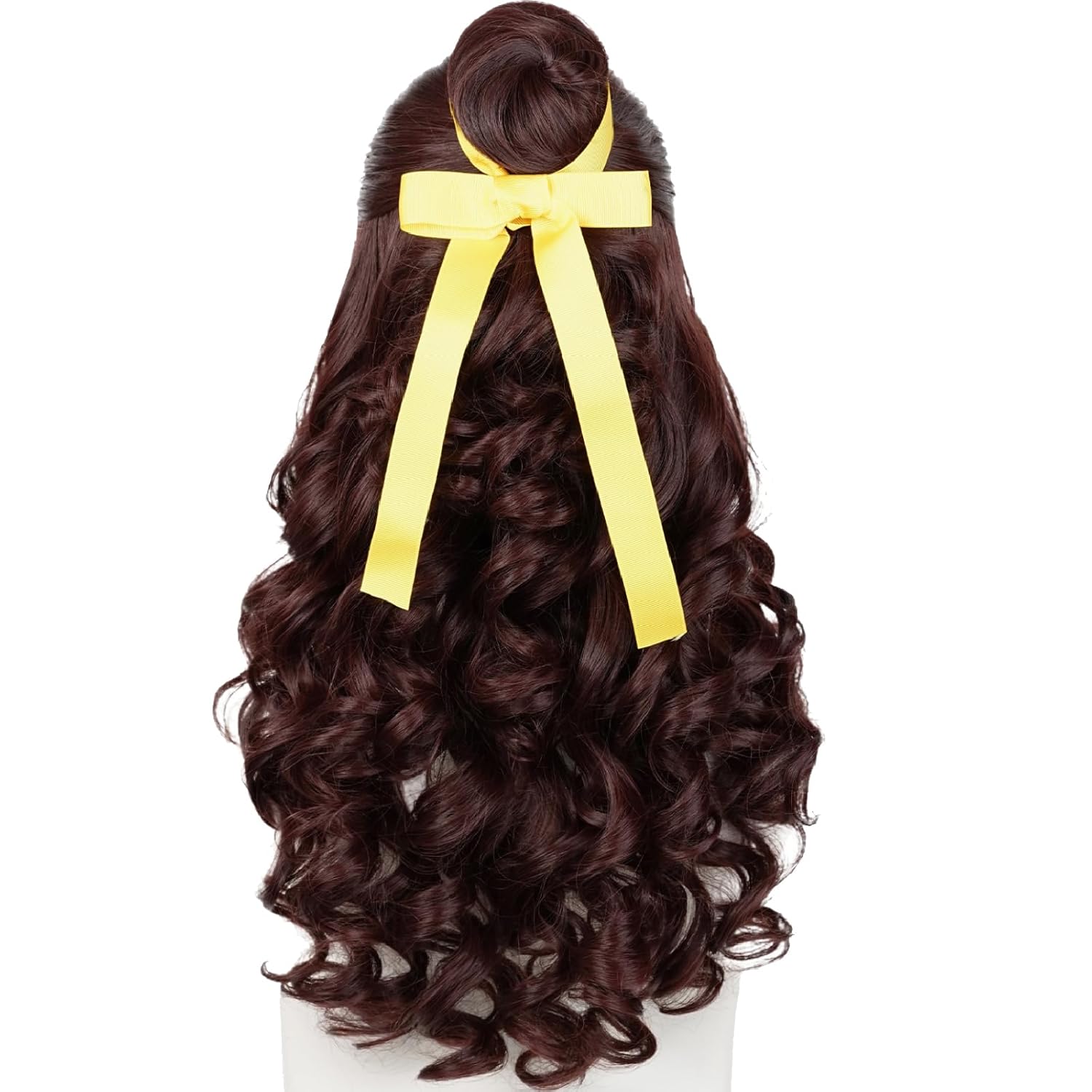 Wiggy Mermaid Prestyled Brown Curly Wig for Women + Yellow Ribbon + Detachable Bun, 60cm Long Brown Wavy Hair Wig with Wig Cap for Halloween Costume Cosplay