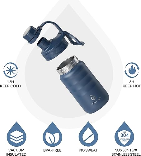 Miniatura 2 de IDEUS Botella de agua aislada de acero inoxidable con 2 tapas a prueba de fugas, frasco de agua térmico para senderismo, ciclismo, 24 onzas, rojo