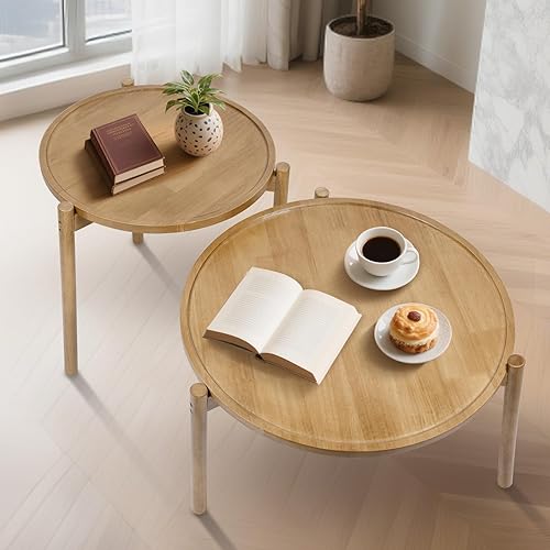 Miniatura 3 de Solid Wood - Juego de 2 mesas auxiliares redondas de madera, mesas auxiliares pequeñas, mesa auxiliar, para sala de estar, dormitorio, balcón