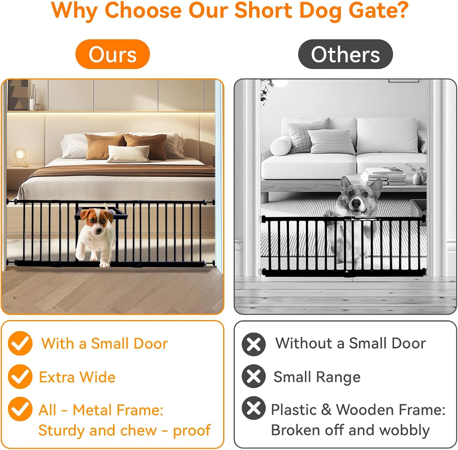 14" Height Short Dog Gate Adjustable18-48" Extra Wide Dog Gate with Small Cat Door,Pet Gate with 4 Extension Kits Pressure Mounted for Doorways & Stairs (Black, 14" Height)