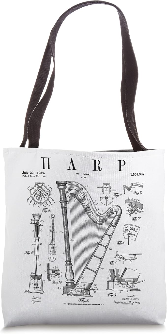 Retro Blueprint Patent Application Diagram of Harp Design Tote Bag