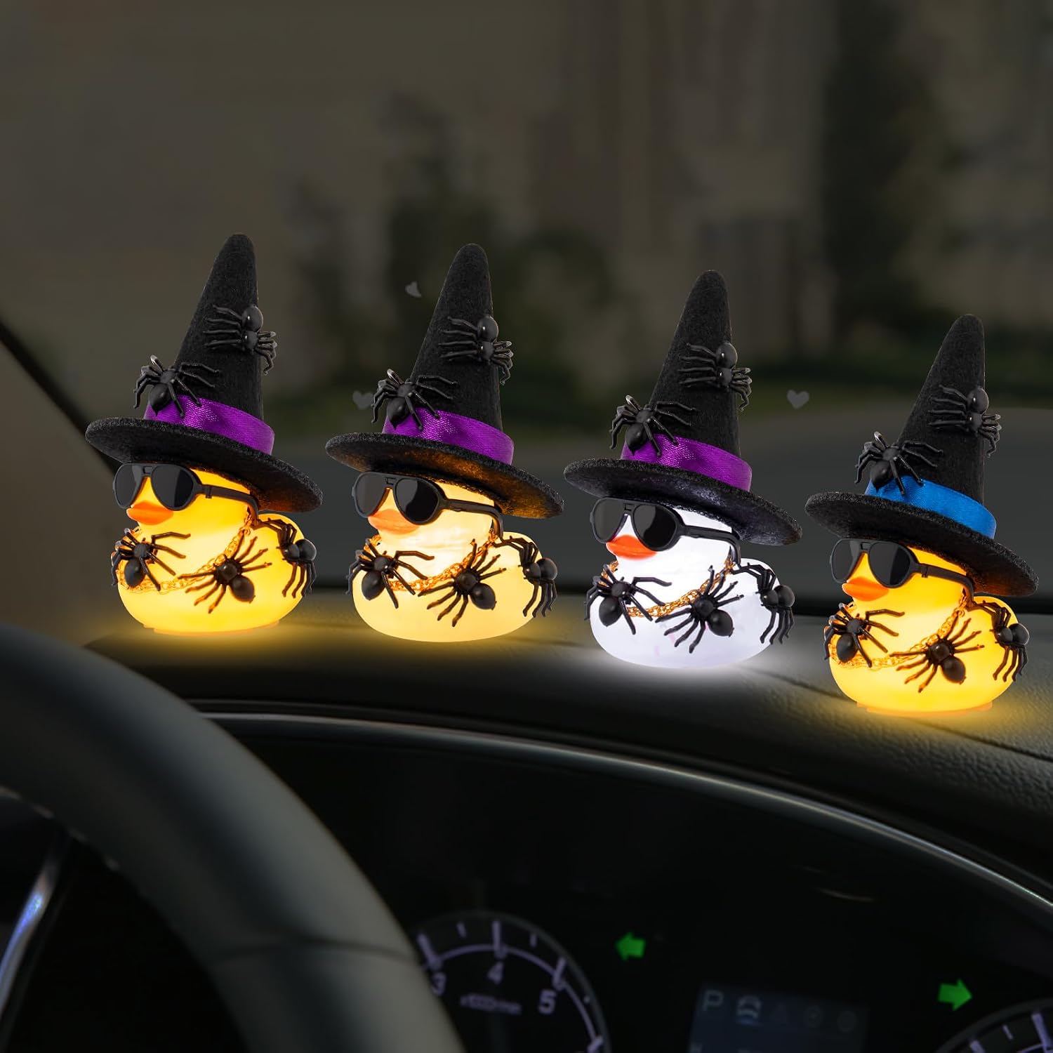 wonuu Spider Rubber Duck with Light for Halloween Decoration Car Ornament Home Decor Mini Transparent Glowing Ducky with Sunglasses Necklace, Assemble Needed, Yellow Light