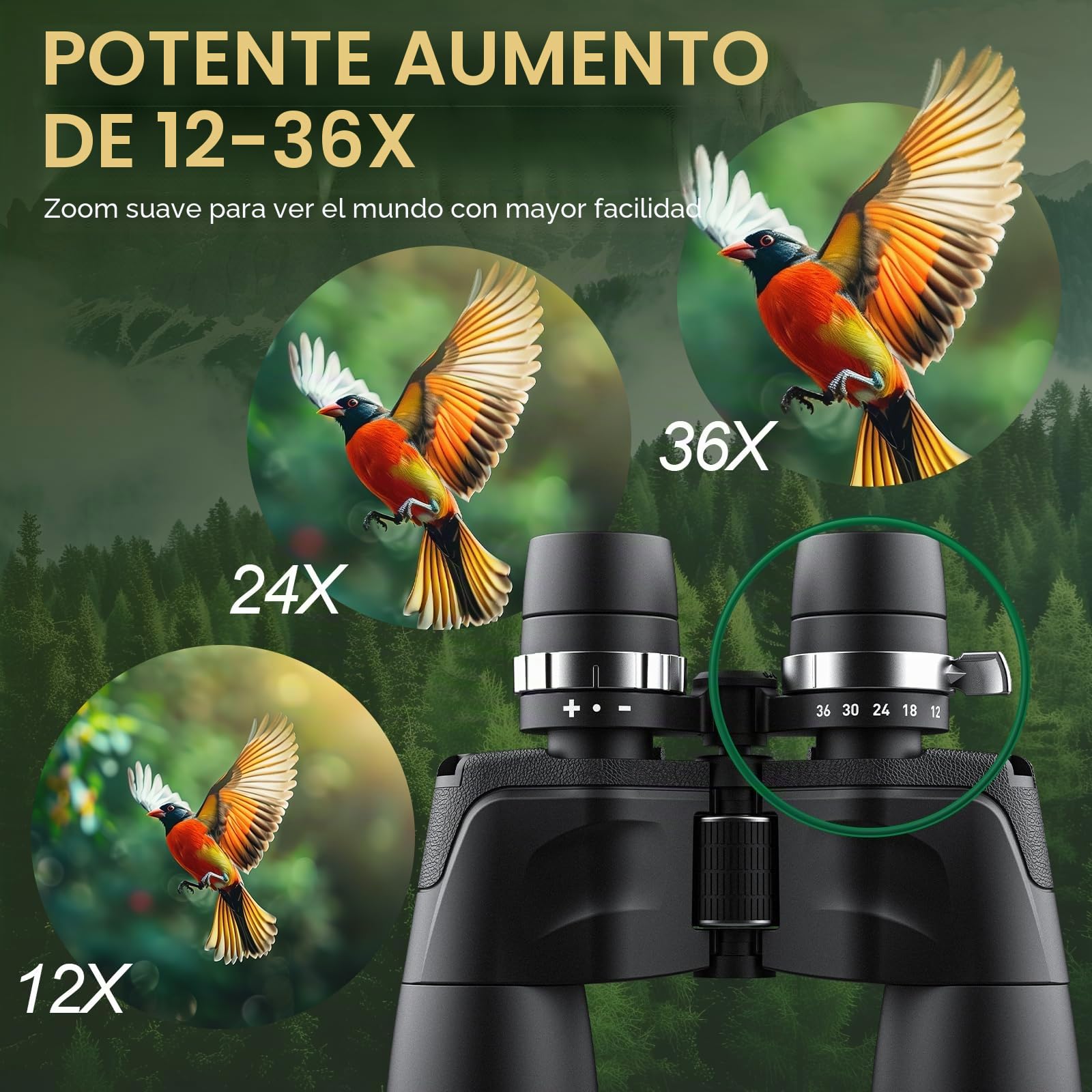 Prismáticos HD de 12-36 x 50 para Adultos, prismáticos de Alta Potencia con visión Clara de Poca luz para observación de Aves, prismáticos con Zoom con Gran visión para Caza, Crucero, Viajes,