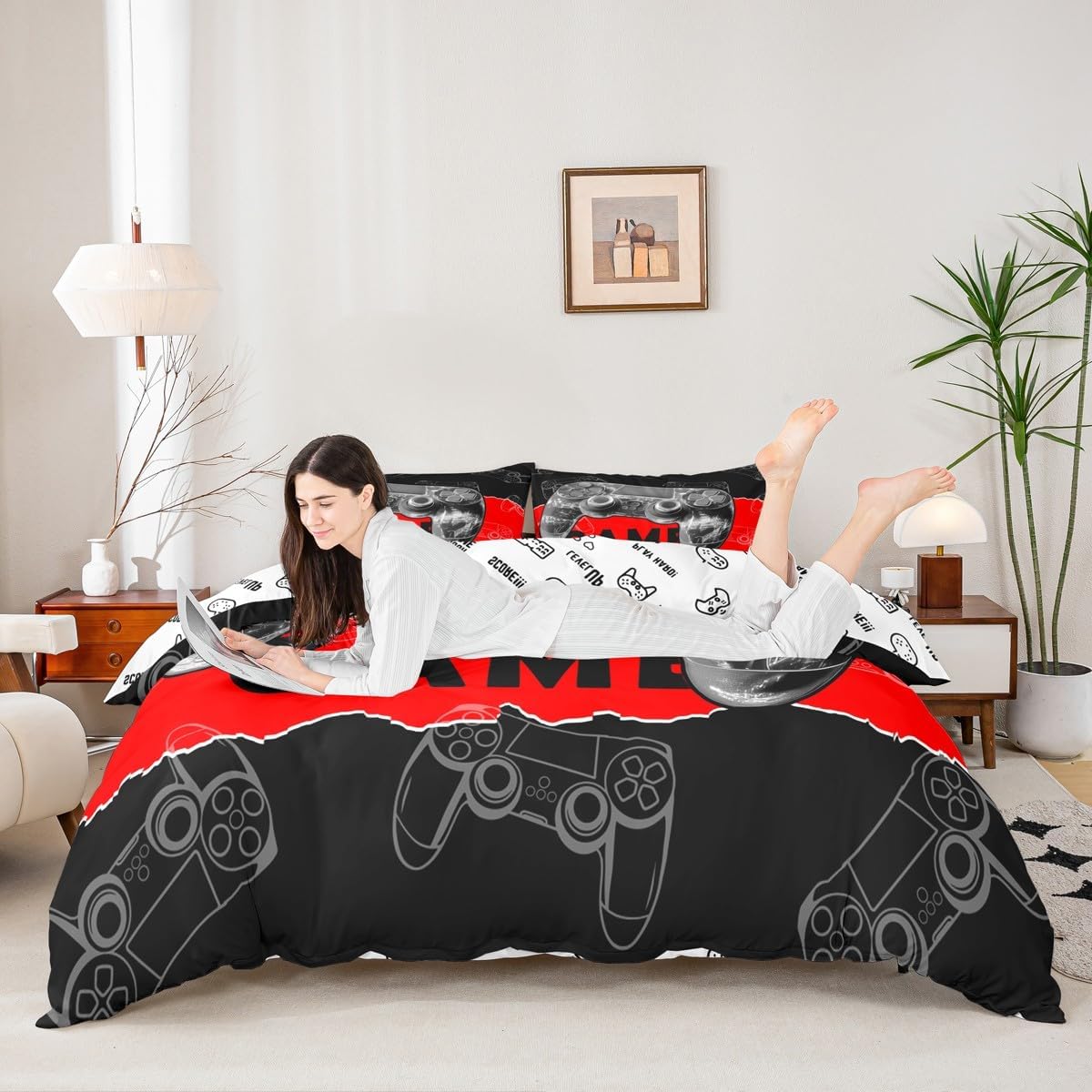 Boys Gaming Duvet Cover Set Twin Size,Cool Video Game Console Print Reversible Bedding Set Soft Bedroom Decor,Gray 3D Gamepad Gamer Red Black Polyester Quilt Cover (No Comforter), 2 Pcs image 3