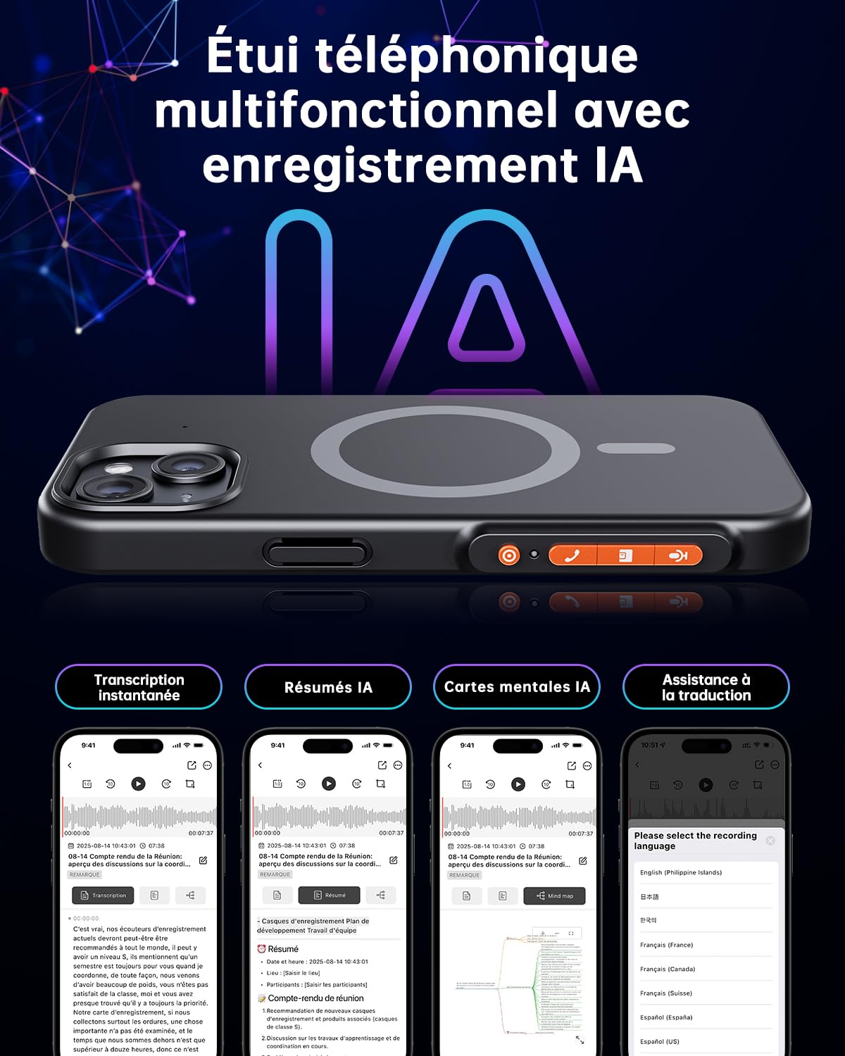 Enregistreur Vocal IA avec Étui Téléphone, Contrôle par App Transcription et Résumé IA Charge 80+ Langues, Enregistreur Vocal Numérique pour Conférences Réunions Appels Compatible avec iPhone 15