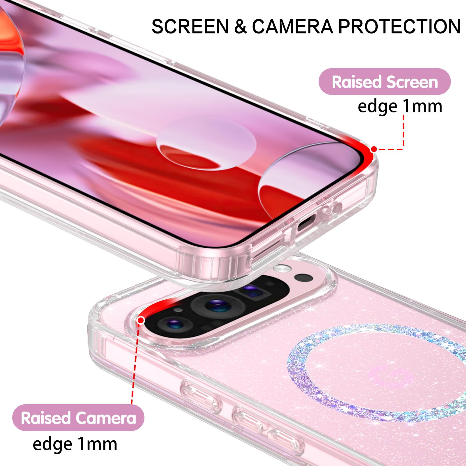 BENTOBEN Custodia per Google Pixel 9 Pro XL con glitter, magnetica Google Pixel 9 Pro XL Case con motivo Mag-Safe Slim Bumper Cover in silicone sottile per donne ragazze Bling trasparente