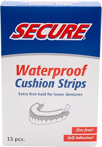 Secure Comfort Strips - Adhesivo impermeable para dentaduras postizas sin zinc sujeción extra firme para dentaduras postizas inferiores 15 tiras