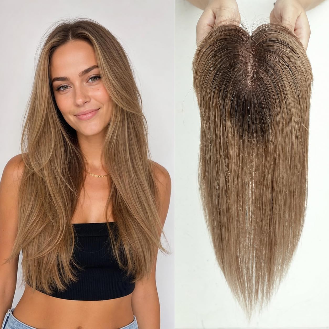 Hair Toppers for Women Real Human Hair 12 Inch Human Hair Topper 4''*5'' 4''*5'' Inch Hand-Tied Base,Swiss Base Clip in Topper Hairr Pieces for Women Brown with Bangs