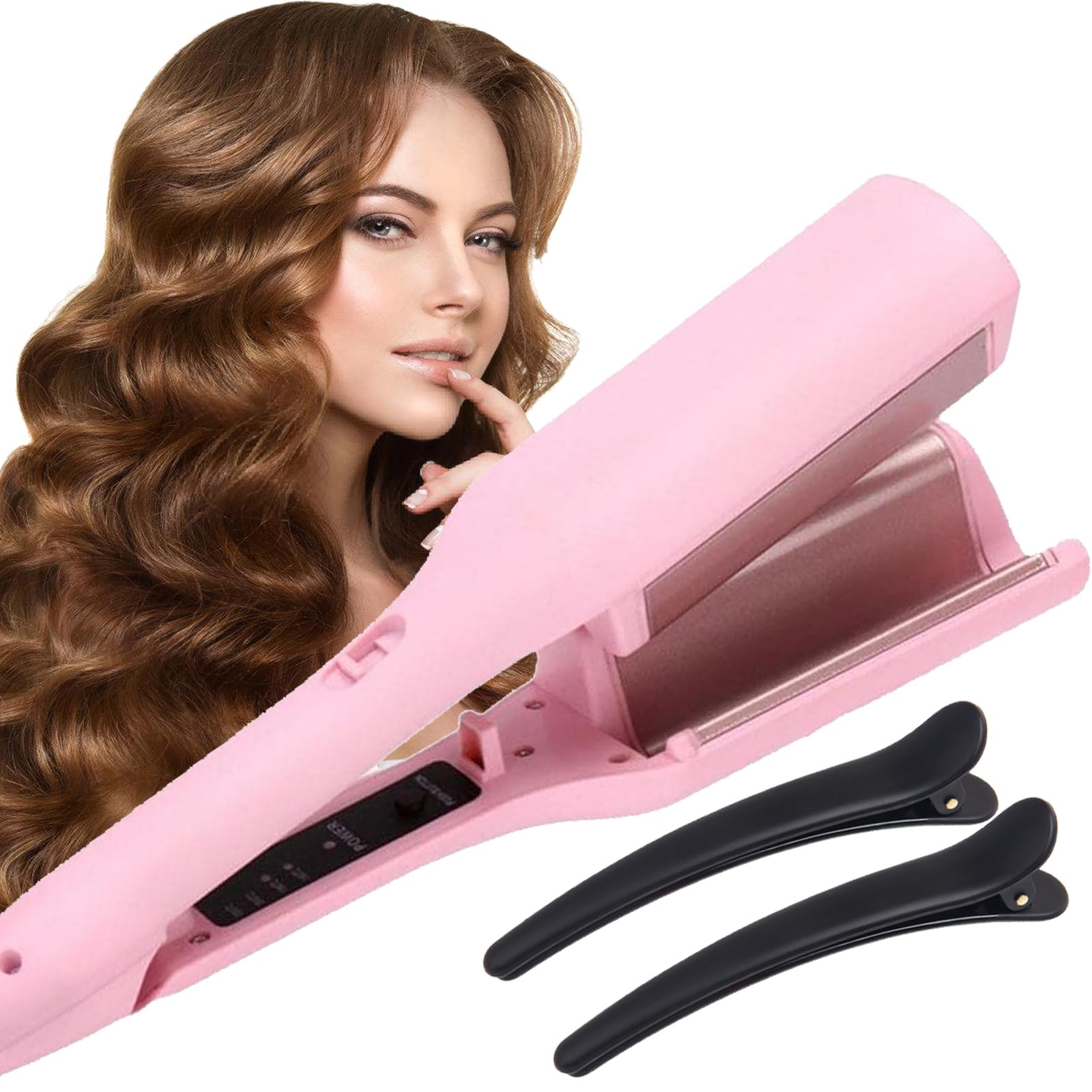 French Wave Curling Iron, Rommantic French Egg Roll Curling Iron, French Egg Roll Curling Iron, V-Shape Ceramic Big Waves Hair Crimper, Adjustable Temperature Waver Curling Iron Wand (Pink)