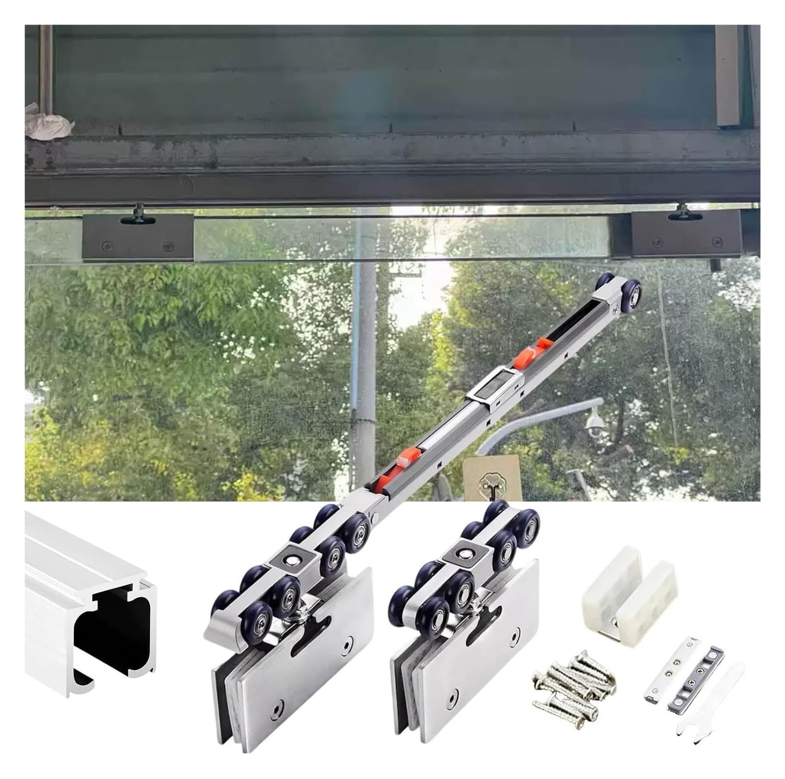 PALSINBY Sliding Glass Door Track Kit, Frameless Glass Sliding Door Rail Soft Close 8-Wheel Aluminum Silver/Black 34-180in 8-12mm(Silver,68in/173cm)