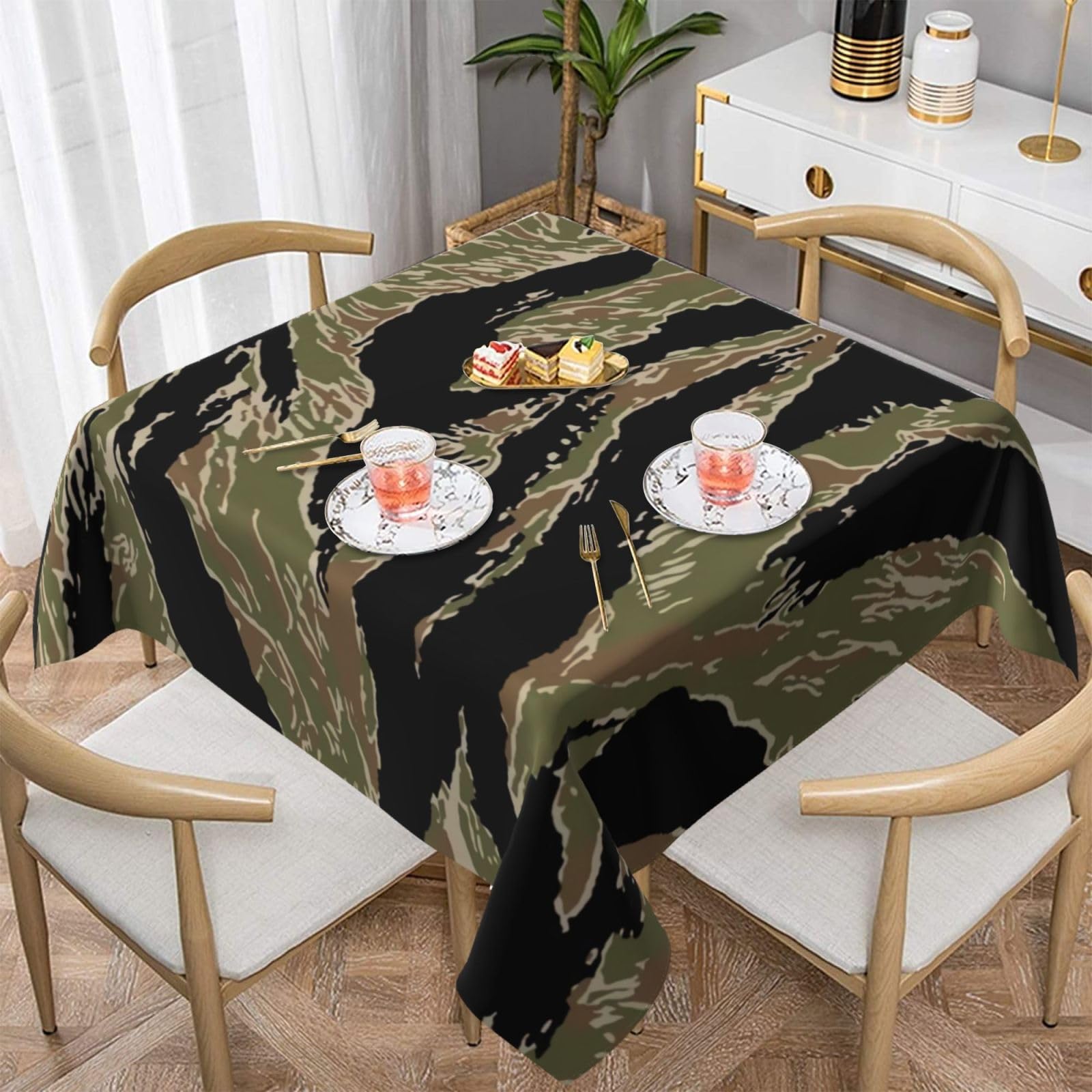 DCEHGEW Tiger Stripe Camouflage Prints Square Tablecloth 137x137 CM, Waterproof Fabric Table Cloth for Dining Table, Farmhouse Table Cover for Kitchen Dining Tabletop Decoration