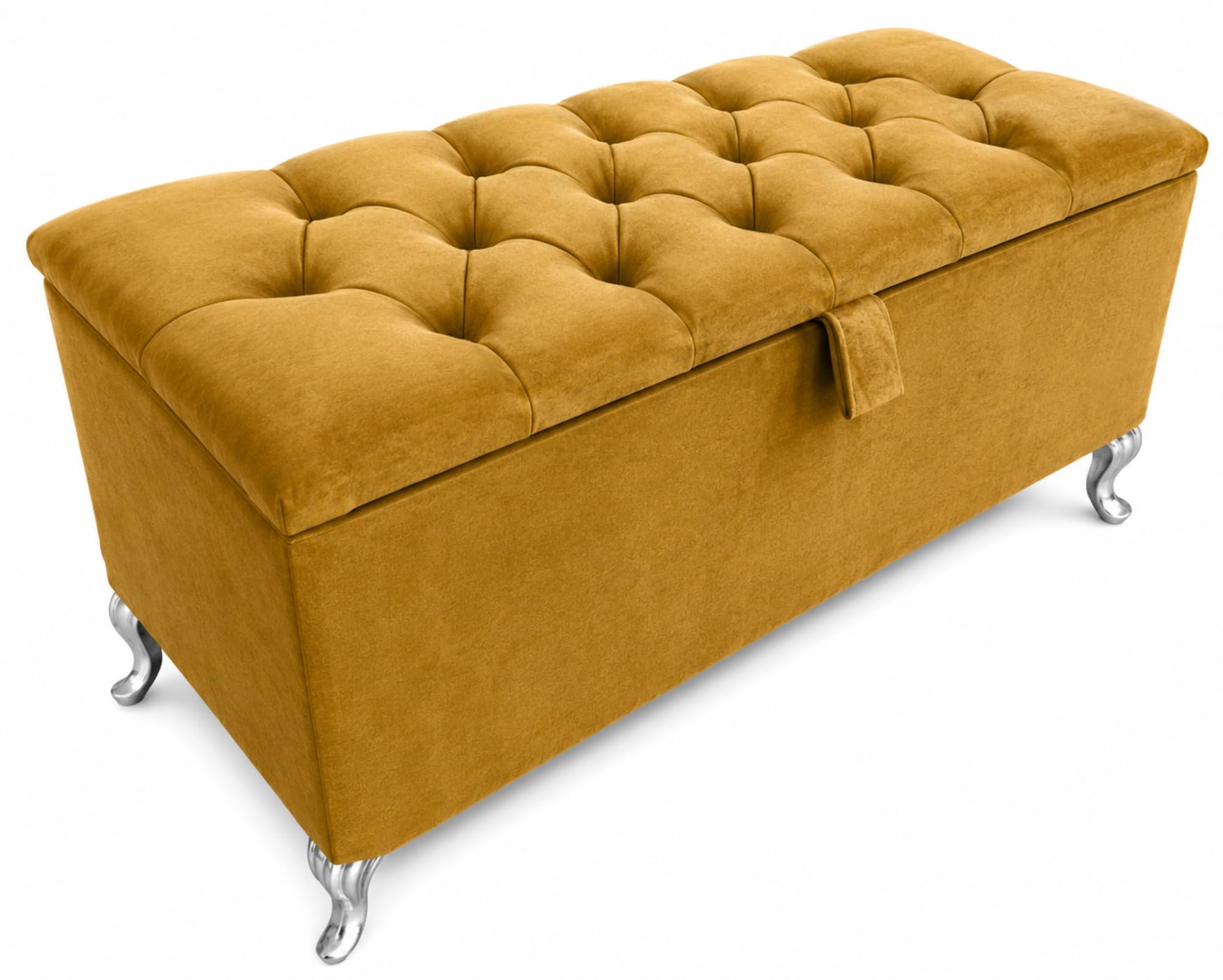 SK Ottoman Storage Box, Fabric Button Velvet Bench, Silver Legs, Mustard