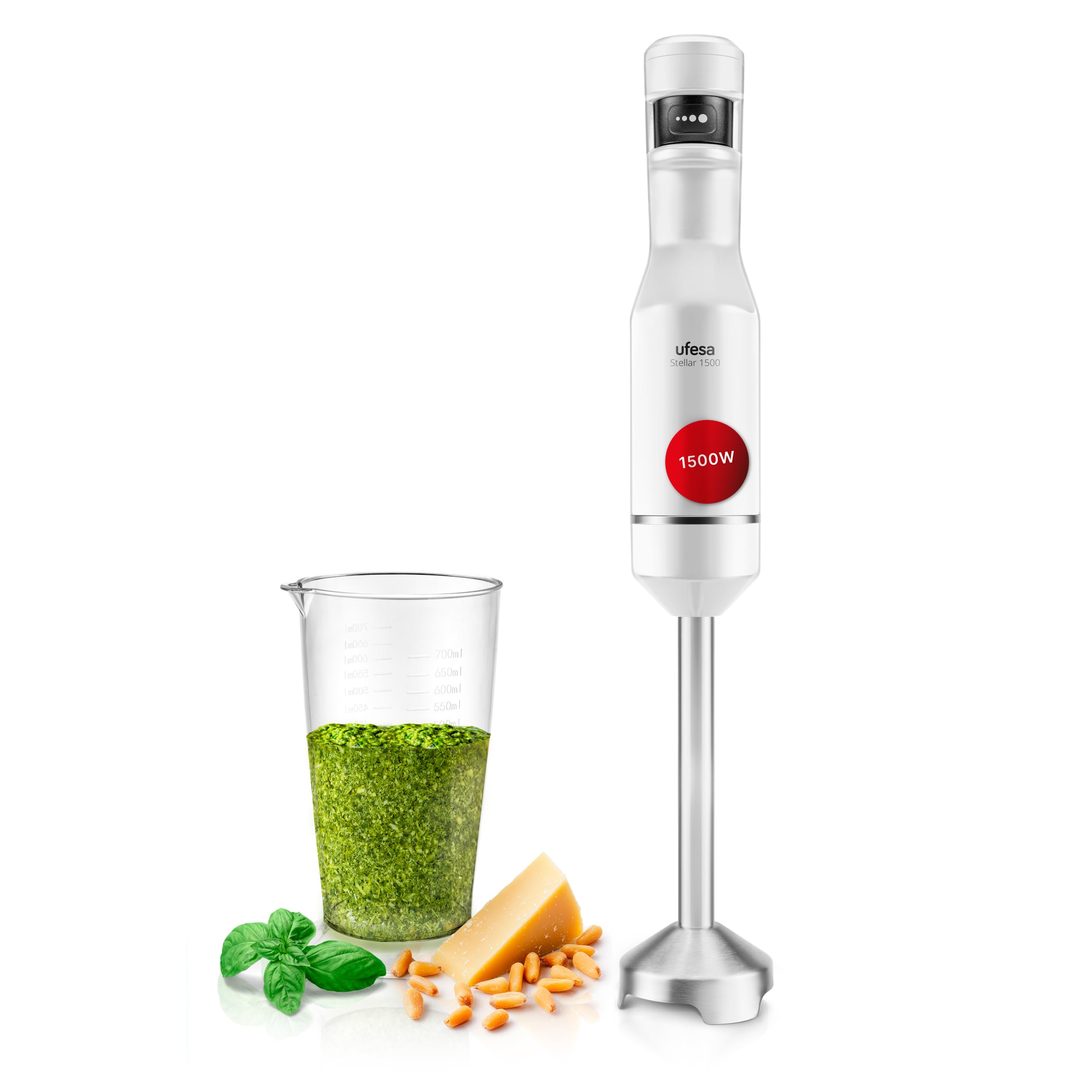 Ufesa Batidora de Mano Stellar TouchSpeed 1500W, Pantalla Digital, Velocidad Táctil Variable, 4 Cuchillas Alta Eficiencia, Diseño Ergonómico y Antisalpicaduras, Vaso Medidor Incluido, Sin BPA
