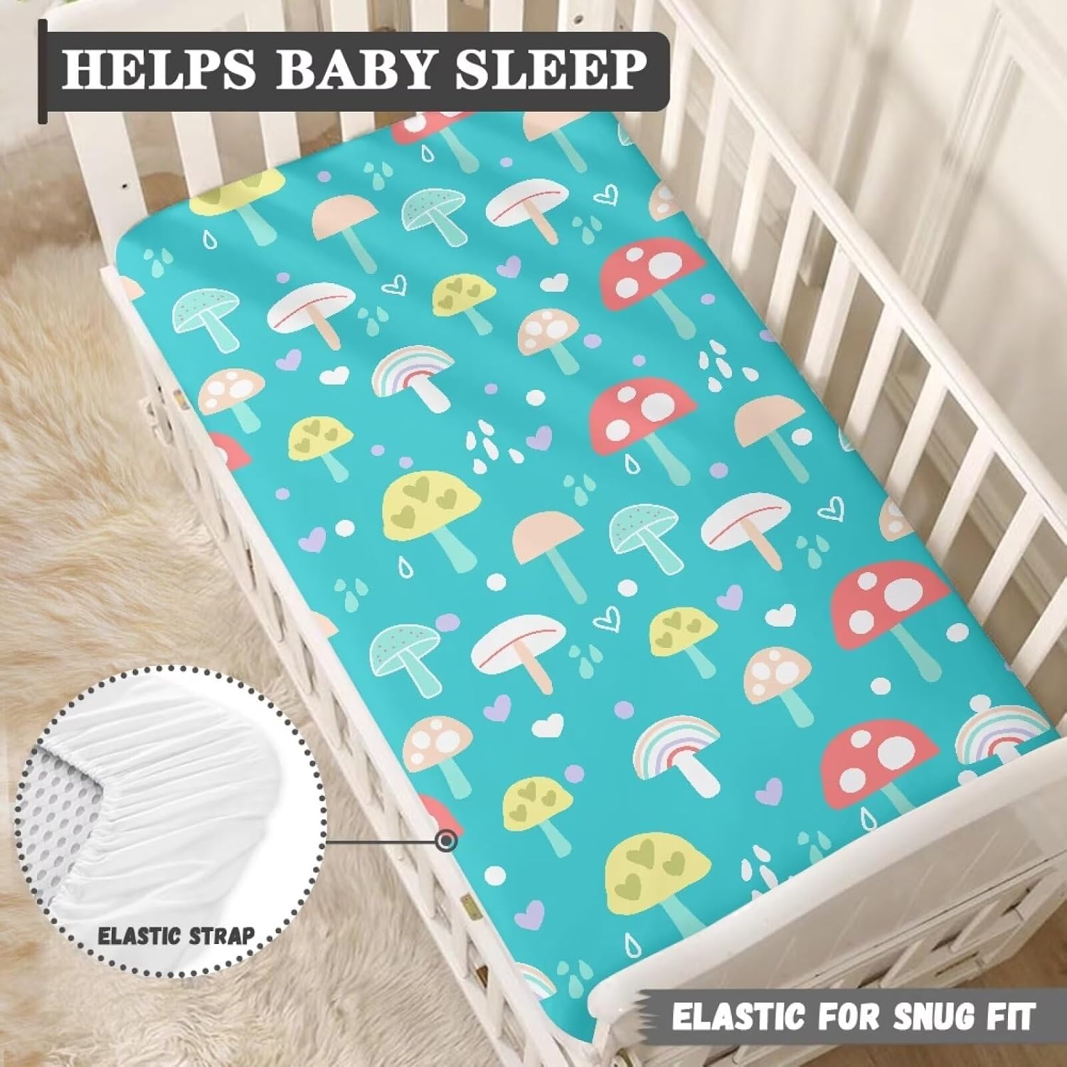 Baby Crib Fitted Sheet 52''x28'' Cute Mushroom Crib Sheet for Boys Girls Nursery Toddler Mini Bedding Sheet Fits Standard Crib Toddler Mattress