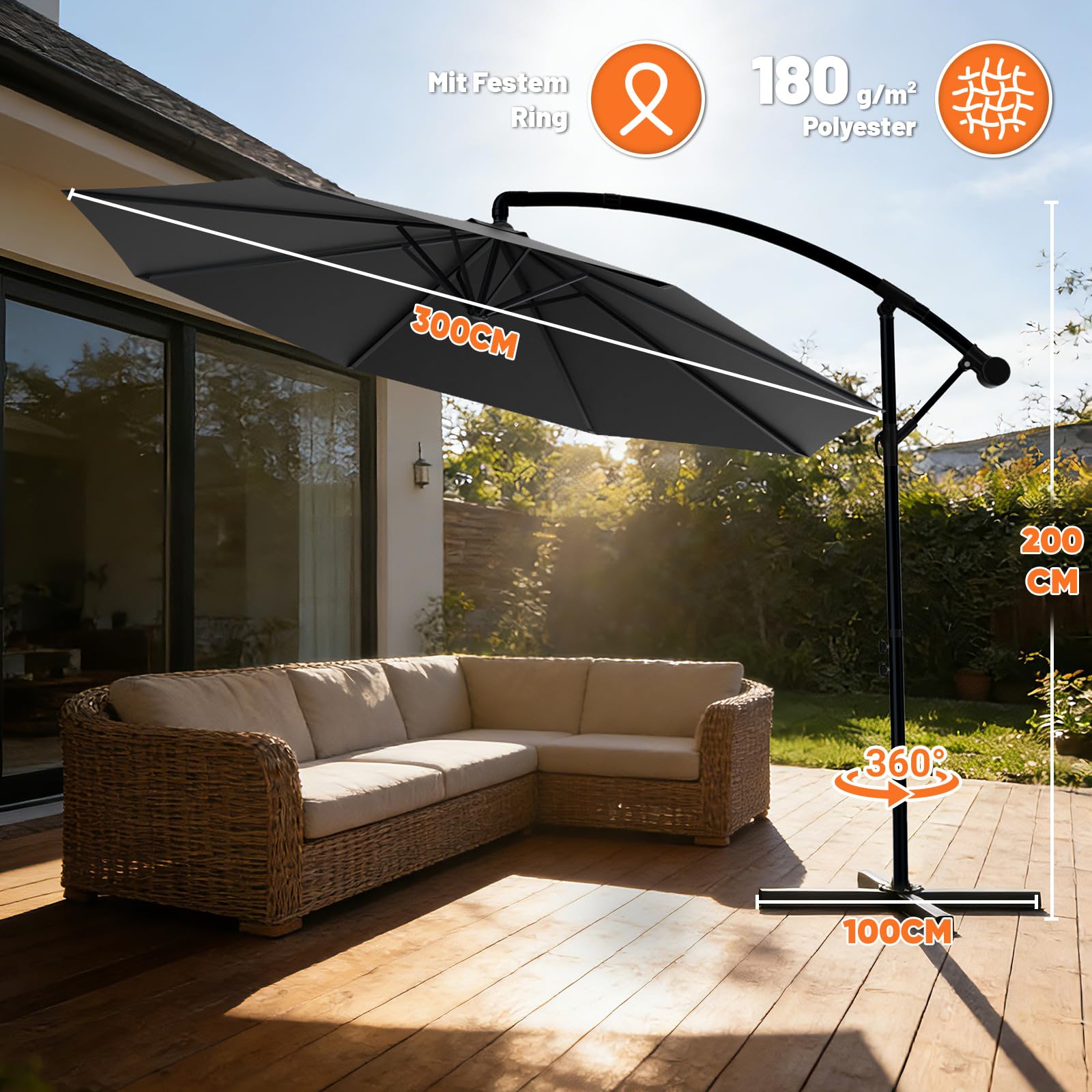 Huracan Ombrellone parasole, copertura ombrellone da giardino con manovella, girevole a 360° e inclinabile, protezione solare dai raggi UV, in alluminio, per giardino, terrazza