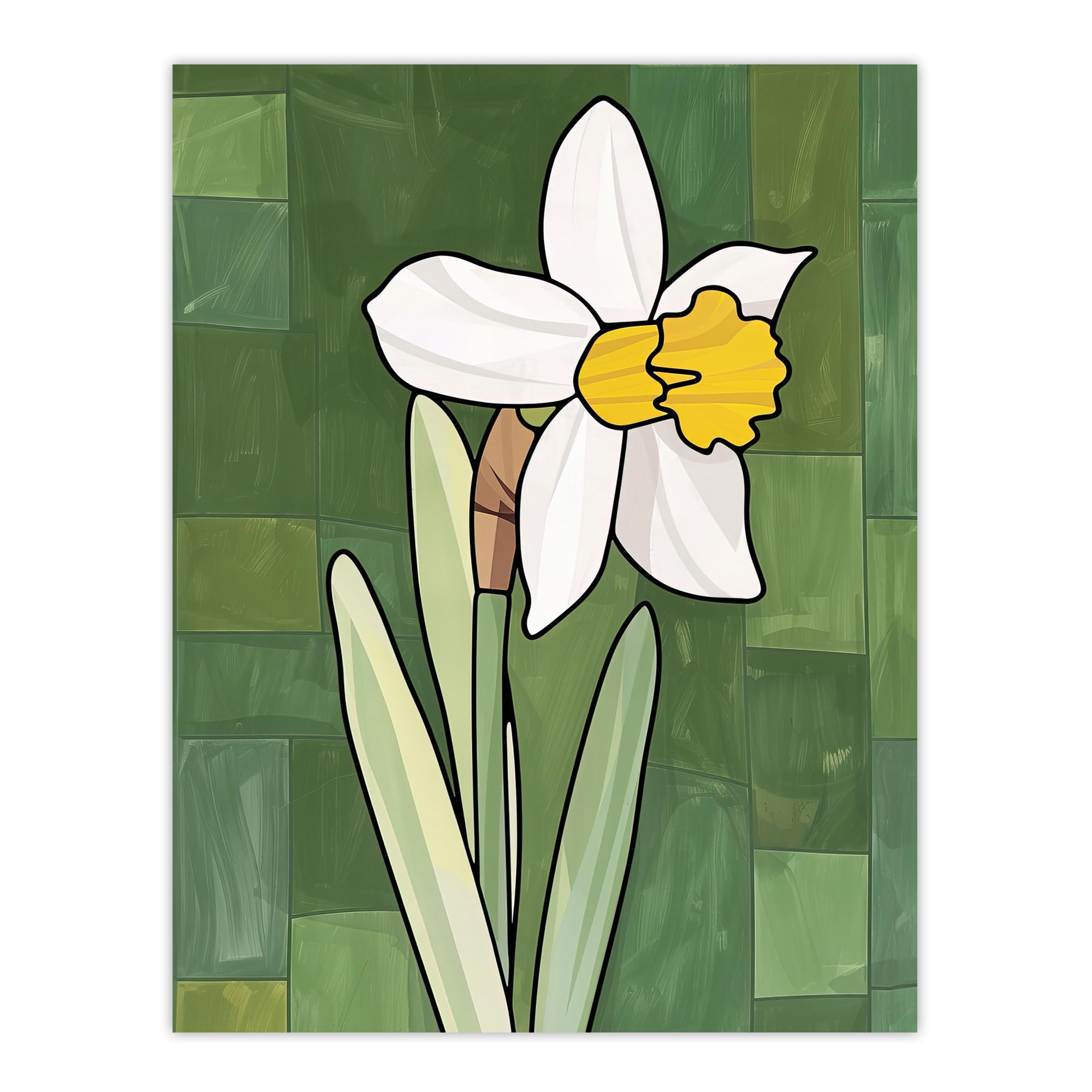 Artery8 Daffodil Flower Bloom Stylised Painting Wall Art Print W18" x H24" Green