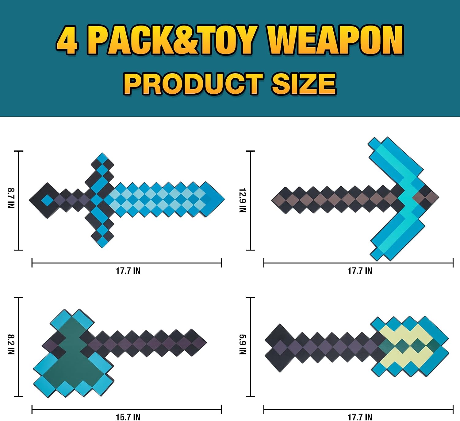 4 Pack Kids Game Role-Play Toy Weapon Set - Sword Pickaxe Axe and Shovel, Perfect Toys Foam Weapons Gift for Game Fans Halloween Christmas and Parties Blue