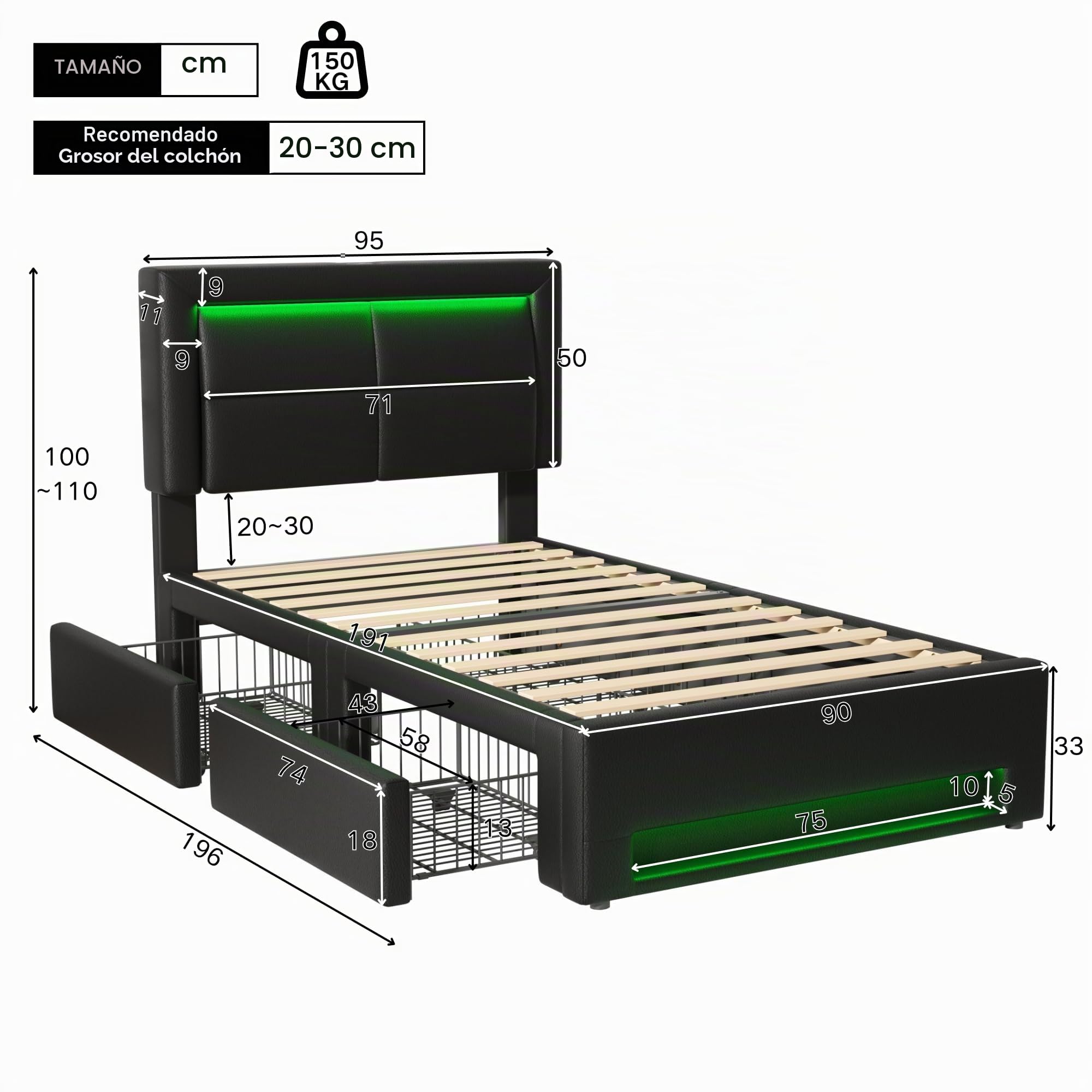 Cama 90 x 190 cm con LED y USB (soporta inalámbrica), cama tapizada de 90 x 190 cm con 4 cajones y cabecero, cama individual con somier, cama de almacenamiento, cama juvenil moderna estructura de