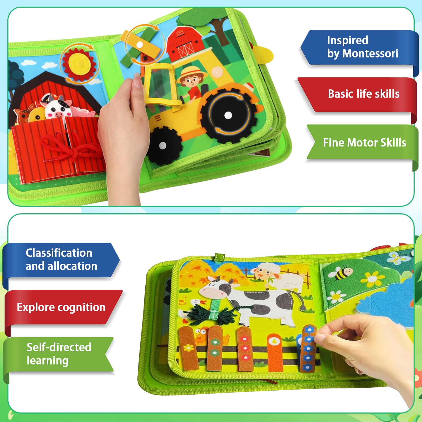 Busy Board Libro Montessori Interattivo 1 Anno, Quiet Book Sensoriale Educativo, Giochi da Viaggio per Bambini, Giochi Montessori 1 2 3 4 5 6 Anni, Pannello di Feltro attività Ranch Animals