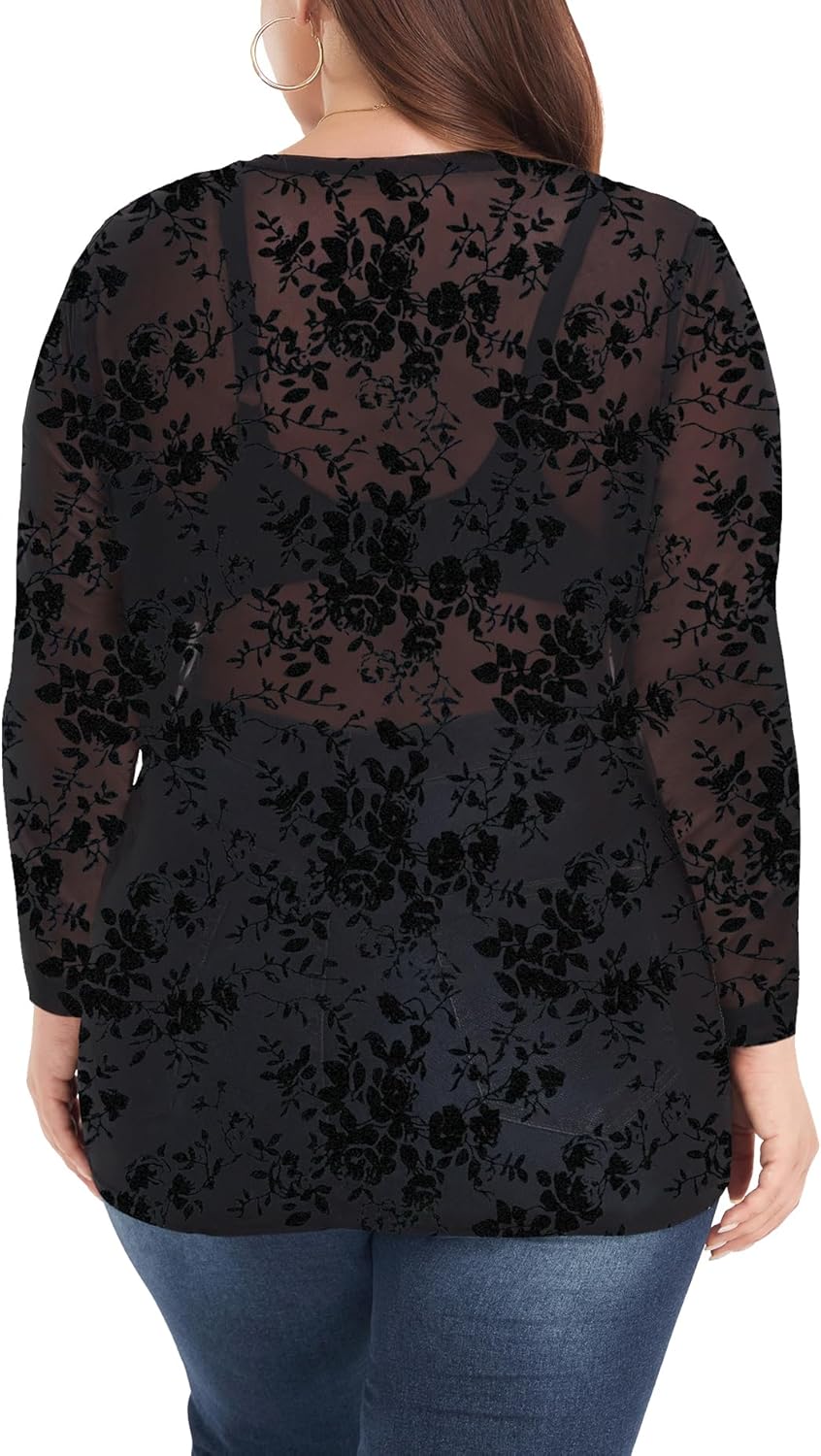 Women's Plus Size See Through Mesh Sheer Shirt Long Sleeve Tops Blouse - Image 3