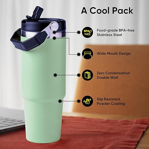 Miniatura 5 de Vaso con popote y asa de tapa, taza de café de acero inoxidable de 30 onzas, taza de café aislada al vacío, taza de café aislada al vacío, a prueba
