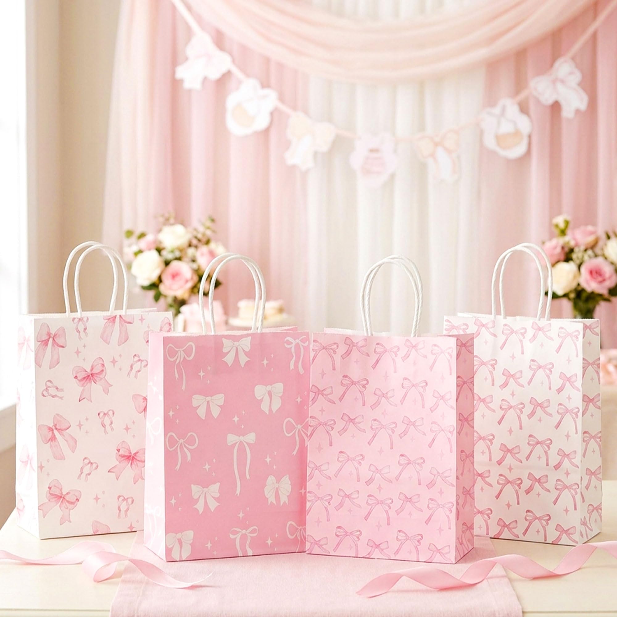 12 PCS Pink Bow Party Favor Bags Bow Gift Treat Goodies Candy Boxes for Birthday Baby Shower Bachelorette Party Supplies