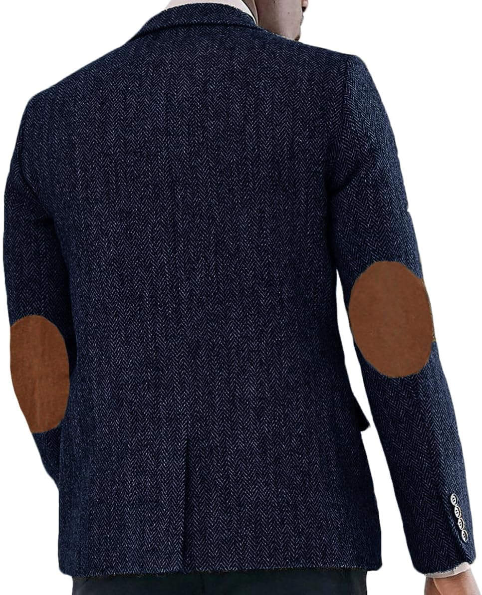 VENNYNG Autumn Men's Tweed Blazer Retro Herringbone Suit Jacket with Elbow Pads Vintage Sport Coat
