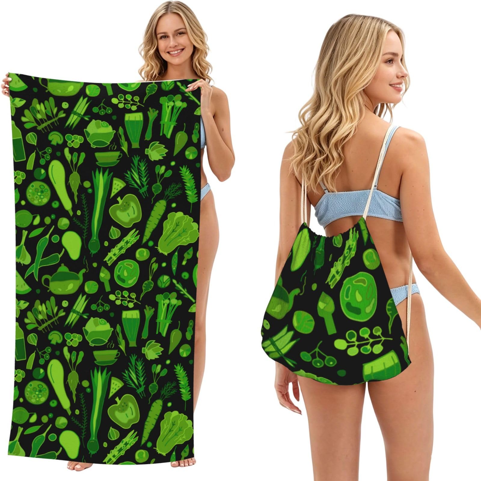 Poadnly As Picture Green Vegetables Pattern, 2 In 1 Packable Towel Bag, Beach Towels With Drawstring Backpack For Travel Holiday Camping