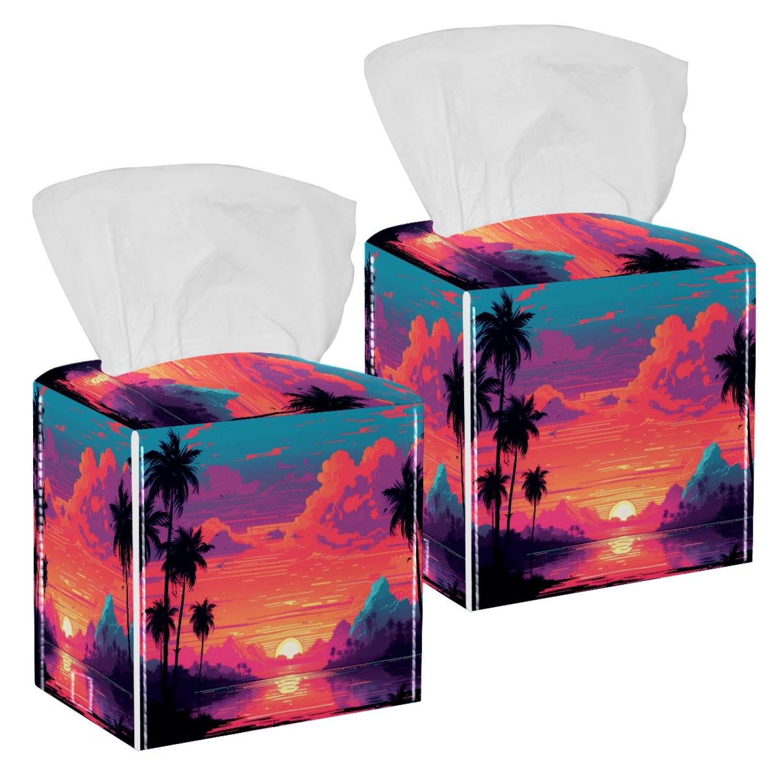 Tropical Palms Tissue Box Cover, 2 Pack PU Leather Square Facial Tissue Dispenser Box holder for Home Office Car
