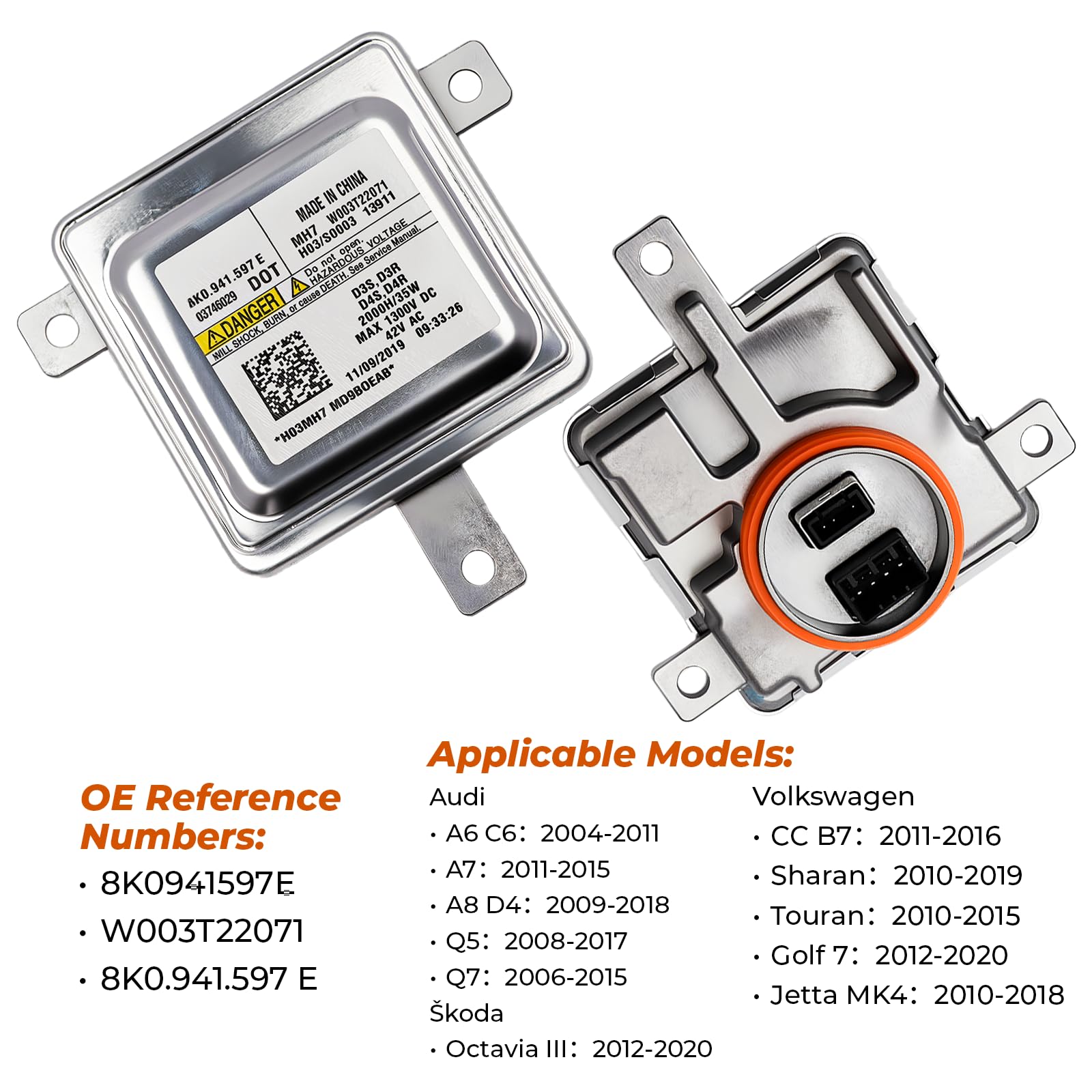 Contrôleur Phares Xenon 8K0941597E Ballast Phare Xénon HID Compatible avec A1 A3 A4 A5 A6 A7 A8 Q3 Q5 Octavia Golf Jetta Tiguan Touran Sharan W003T22071