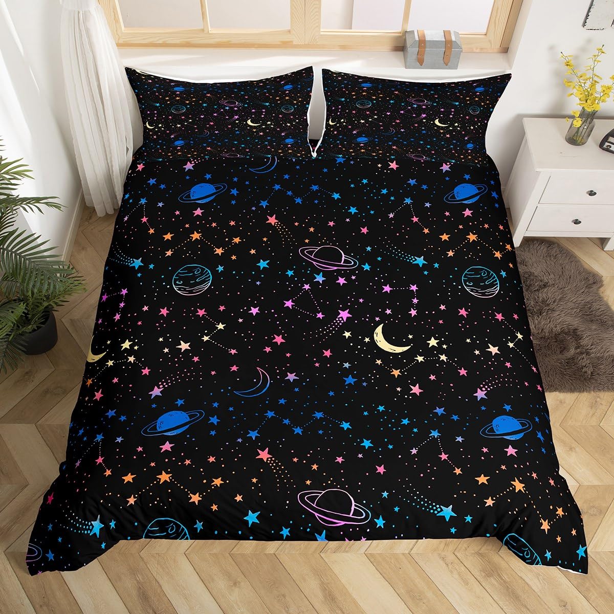 Richhome Boys Multi 08 Starry Galaxy Bed Set For Girls,Cartoon Planets Constellation Comforter Cover For All Season,Ombre Rainbow Black Universe Ultra Soft Bedding Set Quilt Cover King Size 3 Pieces