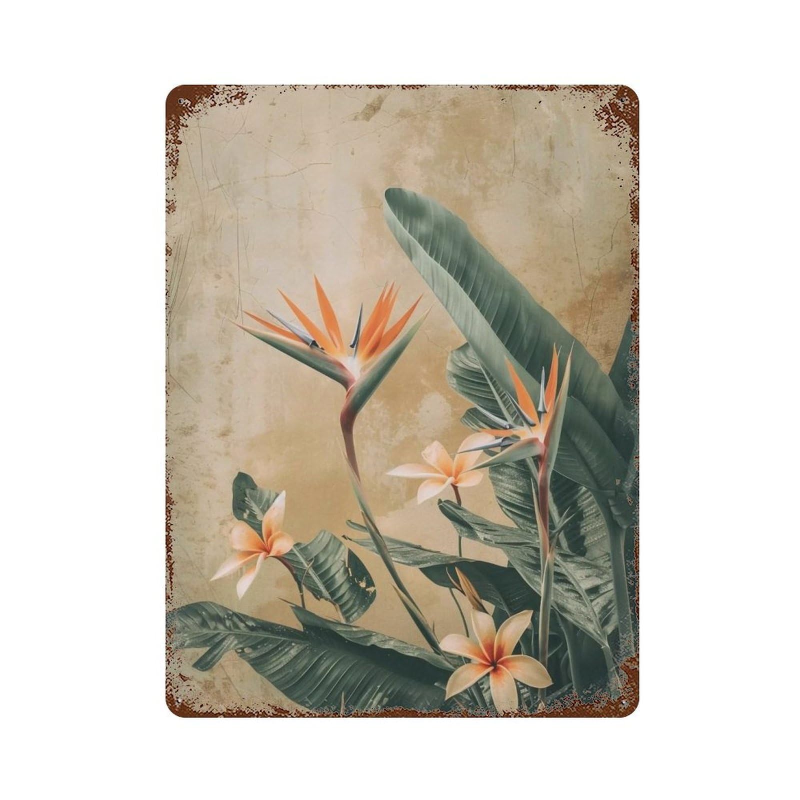 WUJHGRSG Textured Aged Ochre Tropical Bird of Paradise Foliage Vista 01 Wall Art Retro Iron Vintage Metal Tin Sign Poster Modern Decor for Home Cofffee Club Bar Shop Style 40x30cm