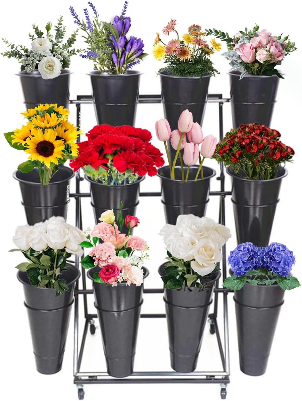 Flower Display Stand, Metal Plant Stand with Buckets, Heavy Duty Moving Plant Cart Shelf, for Patio Garden, Living Room, Florist (Color : Black Bucket, Size : 3 Tier 12 Bucket)
