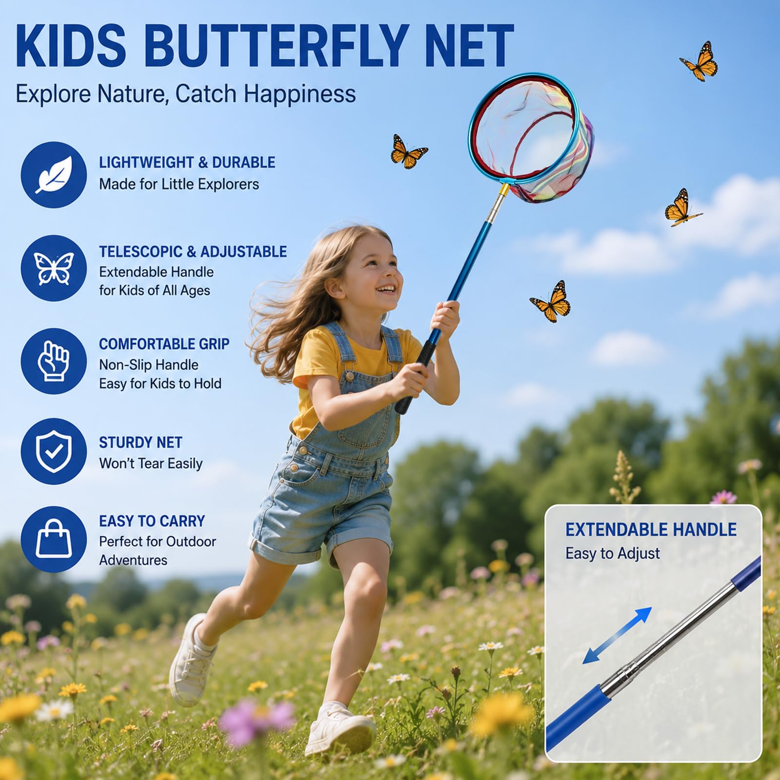 2 retini telescopici per bambini, 41,5 – 148 cm, retino da pesca per bambini, retino da pesca, rete a farfalla, retino da pesca, insetti, pesca, spiaggia, stagno, giardino, piscina