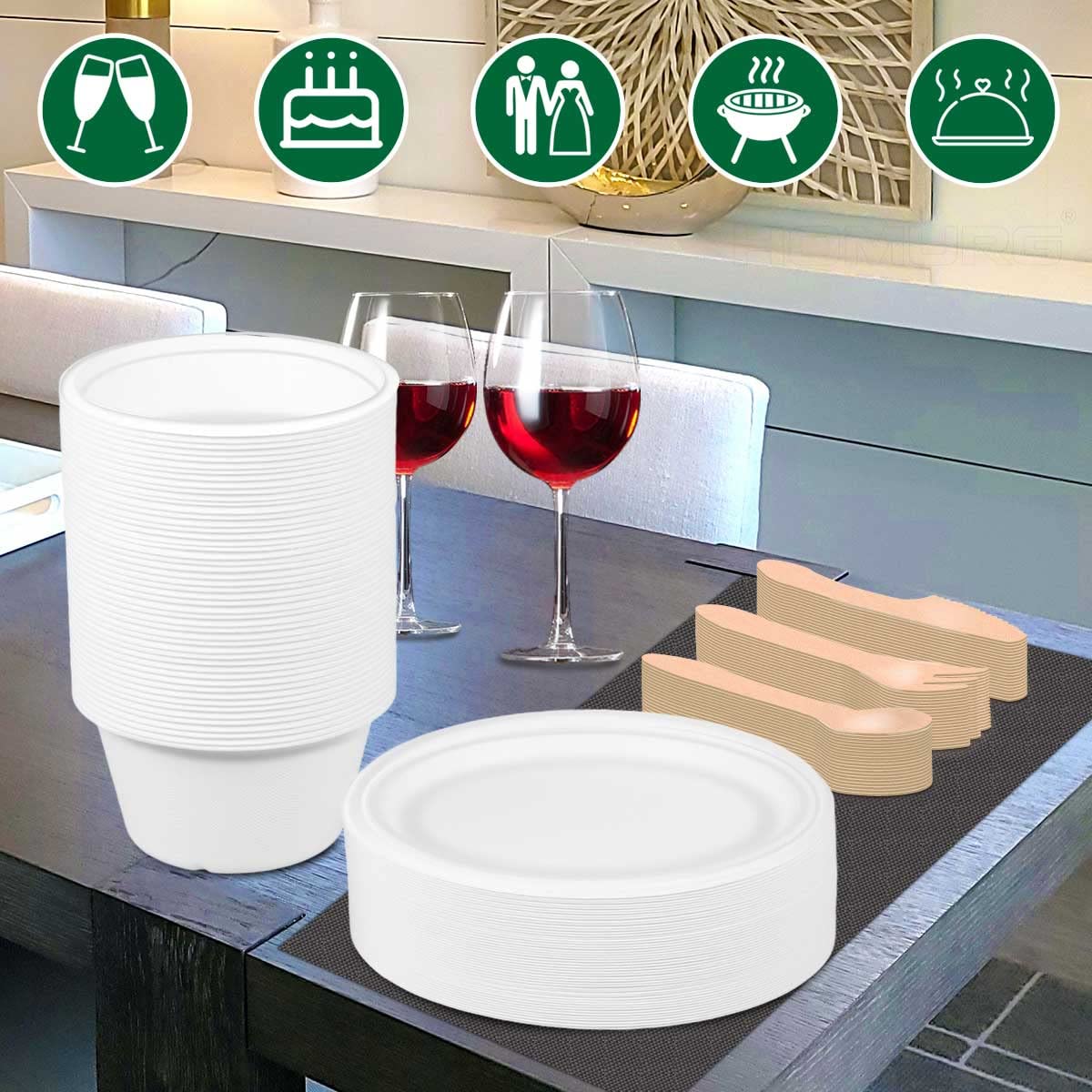 Stabilny zestaw talerzy imprezowych z jednorazowymi talerzami, papierowymi miseczkami, drewnianymi sztućcami dla 50 osób, serwis kombi z miską, talerzami, sztućcami do przystawek, 250 sztuk,