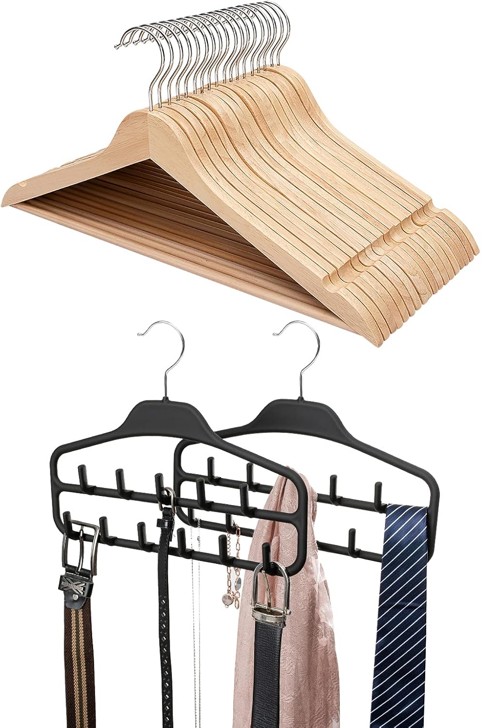 FairyHaus Wood Hangers 30pack & Belt Organizers for Closet 2pack