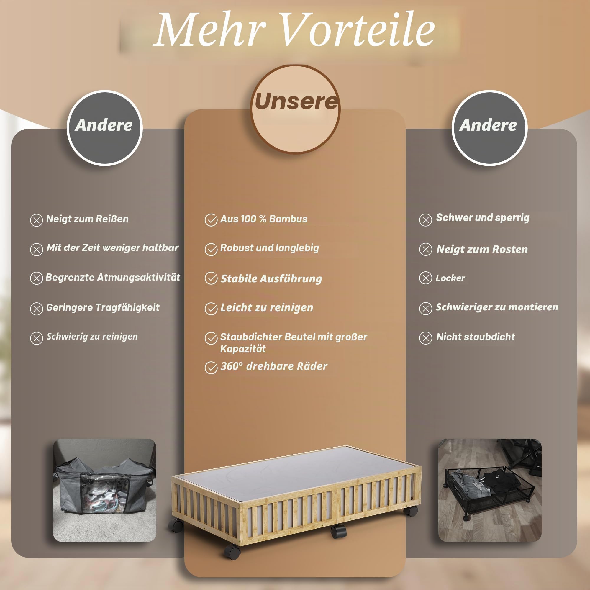 Bambus-Unterbett-Aufbewahrungsbehälter mit Rollen, 2 Stück, groß unter dem Bett, Schuhaufbewahrungsbehälter, Holzschubladen, Organizer für Schlafzimmer, Schrank, Kleidung, Decke, unter dem Kinderbett